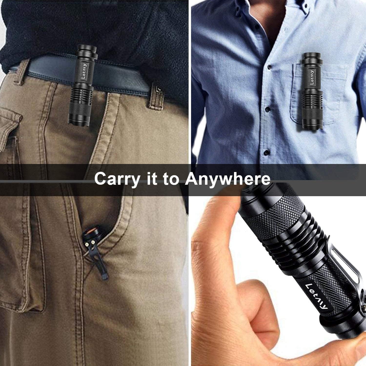 LETMY Tactical Flashlight - Super Bright LED, Waterproof, Zoomable, 3 Modes, 2 Pack, Aluminum, Clear - Ideal for Hiking, Camping, Emergencies