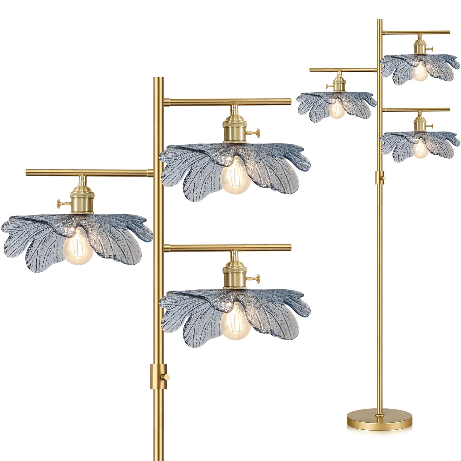 Auwieou Vintage Dimmable Floor Lamp,Gold Tall Lamp for Living Room Corner,Mid Century Modern Floor Lamp Brass Tree Lamp Blue Gla