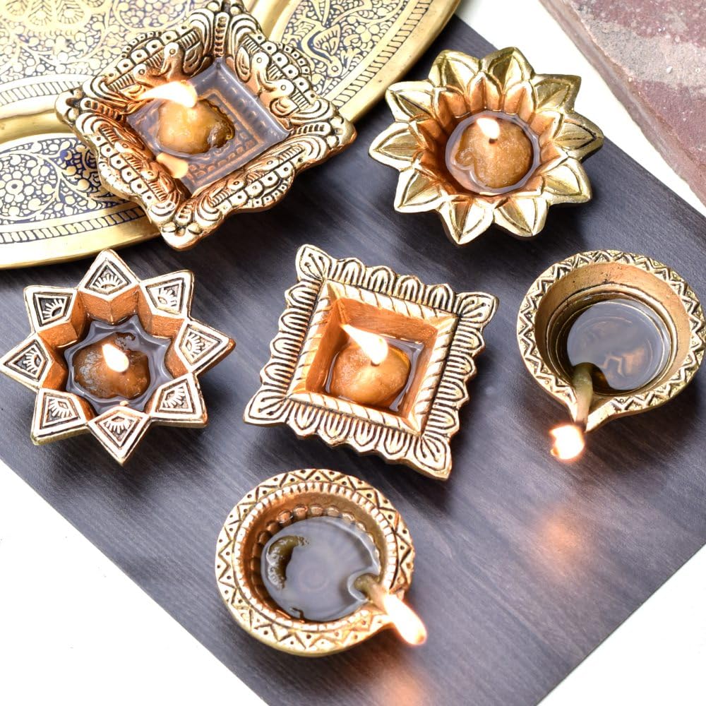 Indian-Shelf 6 Pieces Diya Brass Oil Lamp Traditional Indian Deepawali Housewarming Return Gift Items for New Home House