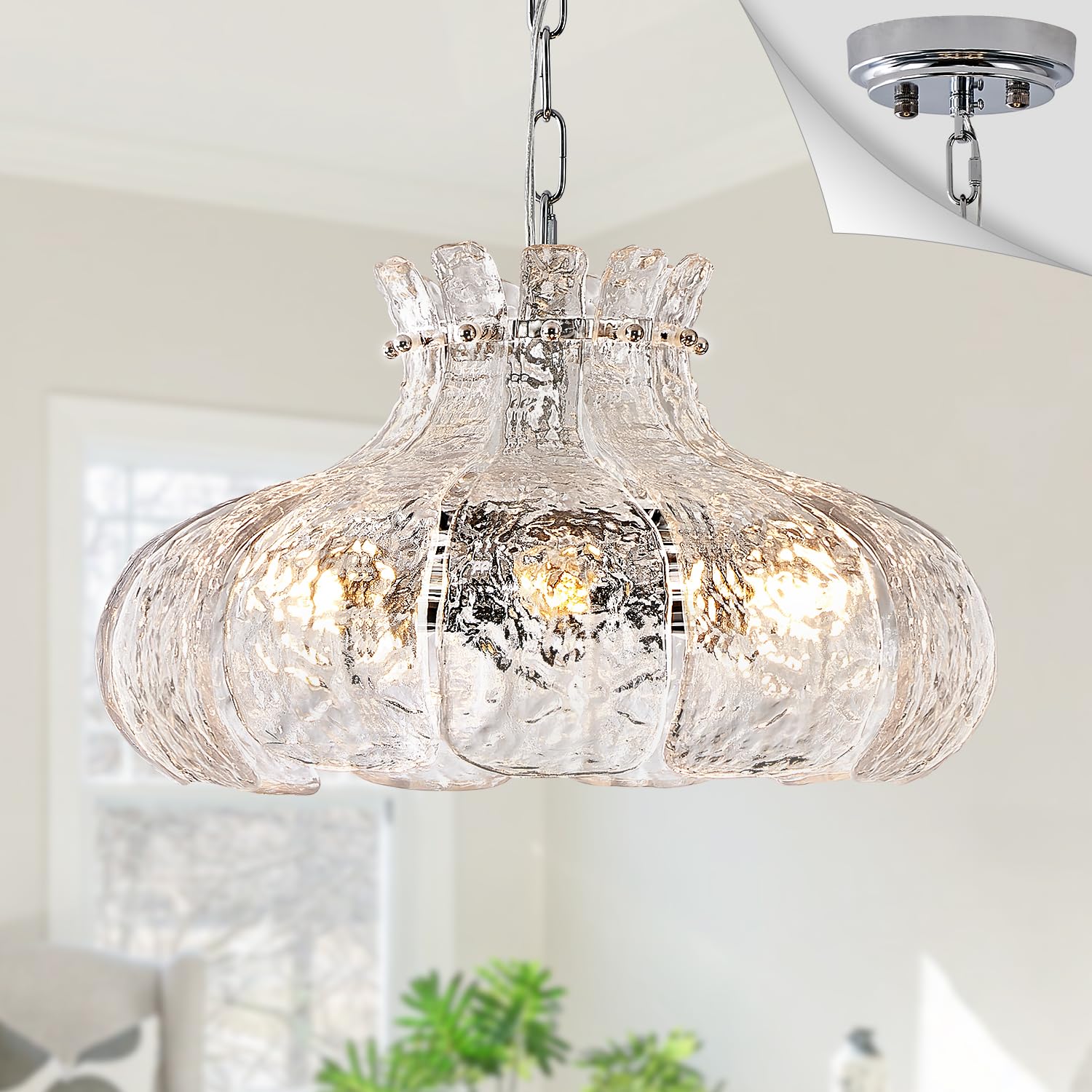 Poemoon Water Ripple Glass Chandelier Chrome 6-Light 15.7'' Luxury Pendant Chandelier Modern Hanging Lighting For Dining Room,Ki