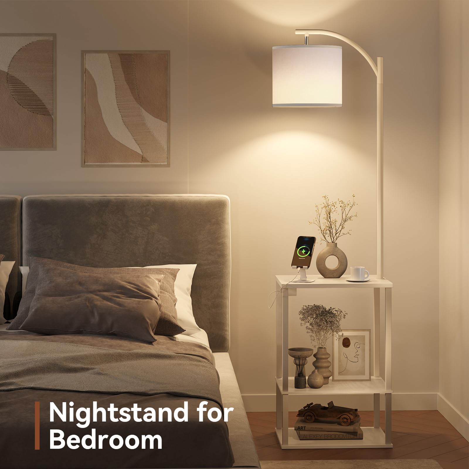 SUNMORY Floor Lamp with Table, 15.75" x 11.81" Pure White Wood, USB & AC Charging, Modern LED Nightstand for Living Room & Bedroom, Model PFL