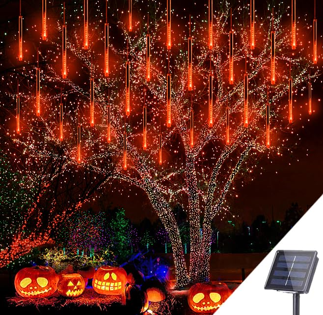 Kwaiffeo Solar Halloween Lights, 16 Tubes Solar Powered Meteor Shower Lights(Equivalent to 2 Sets of 8-Tube) for Halloween Decor