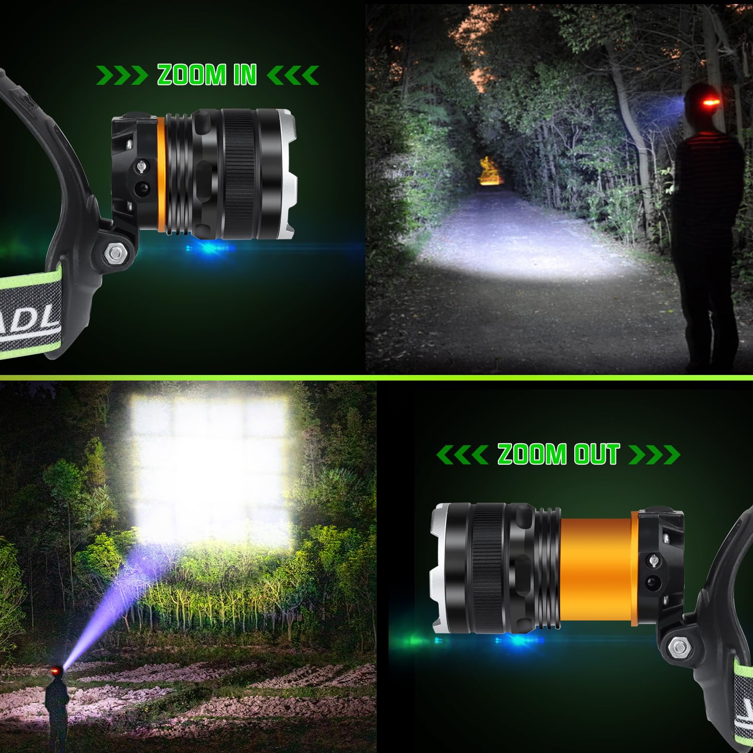 Aikertec Rechargeable Headlamp 2 Pack - Super Bright, IPX7 Waterproof, Motion Sensor, Adjustable Zoom, Green, Model AA1