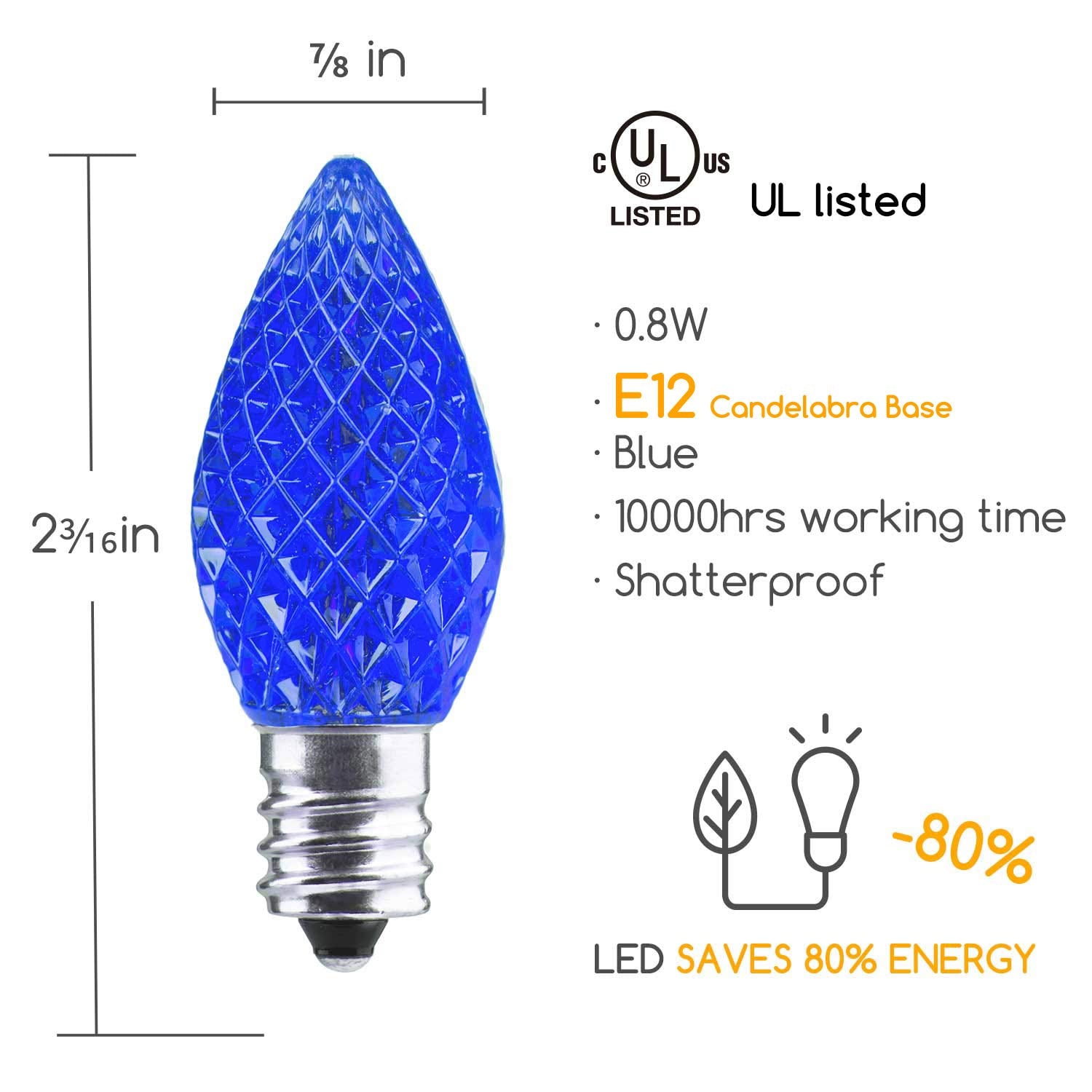 50 Pack C7 Blue Christmas Led Replacement Light Bulb  E12 C7 Shatterproof Replacement Bulbs For Christmas Outdoor String Lights  Commercial Grade Bulb For Christmas Patio Roofline Lighting Decor
