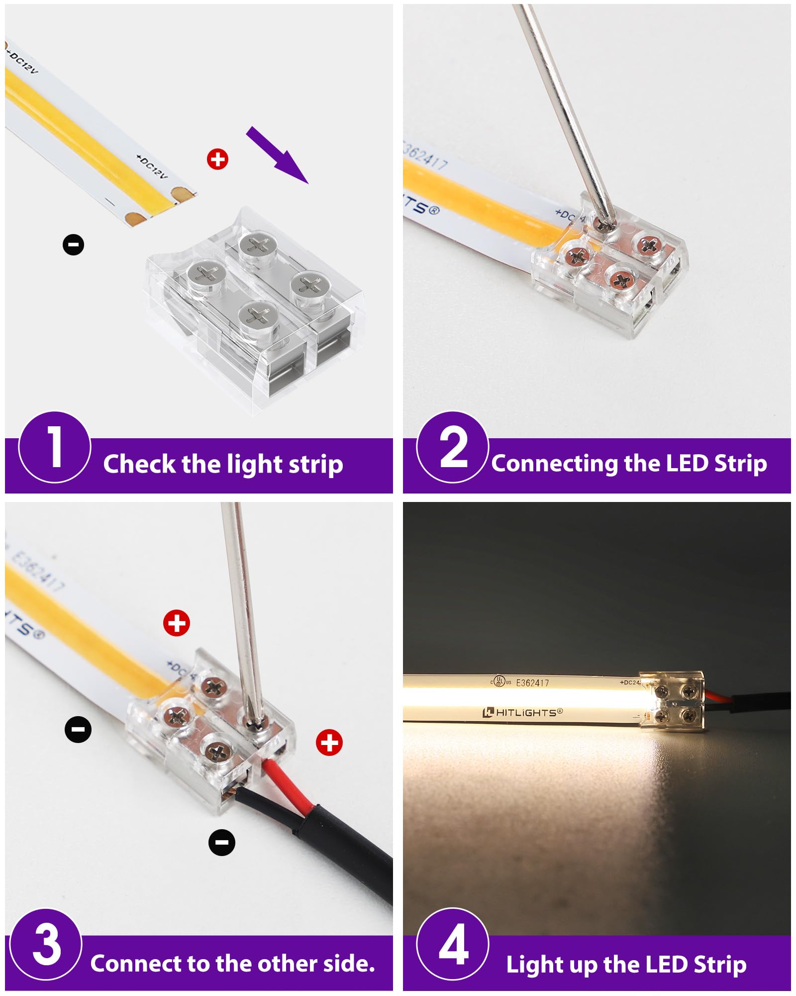 HitLights 12 Pack 2 Pin 8mm Solderless LED Connector for 12V/24V LED Strip Lights - Transparent with Screwdriver