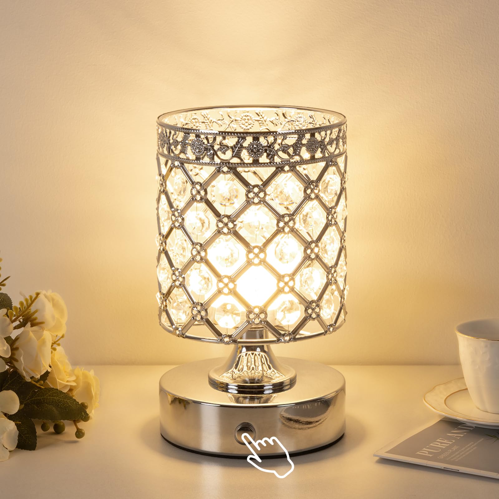 TOBUSA 6000mAh Crystal Battery Operated Lamp  Silver Modern Cordless Table Lamp Rechargeable  Portable Bedside Touch Small Desk Lamp 3000K-4500K-6000K  Stepless Dimmable Wireless LED Night Light