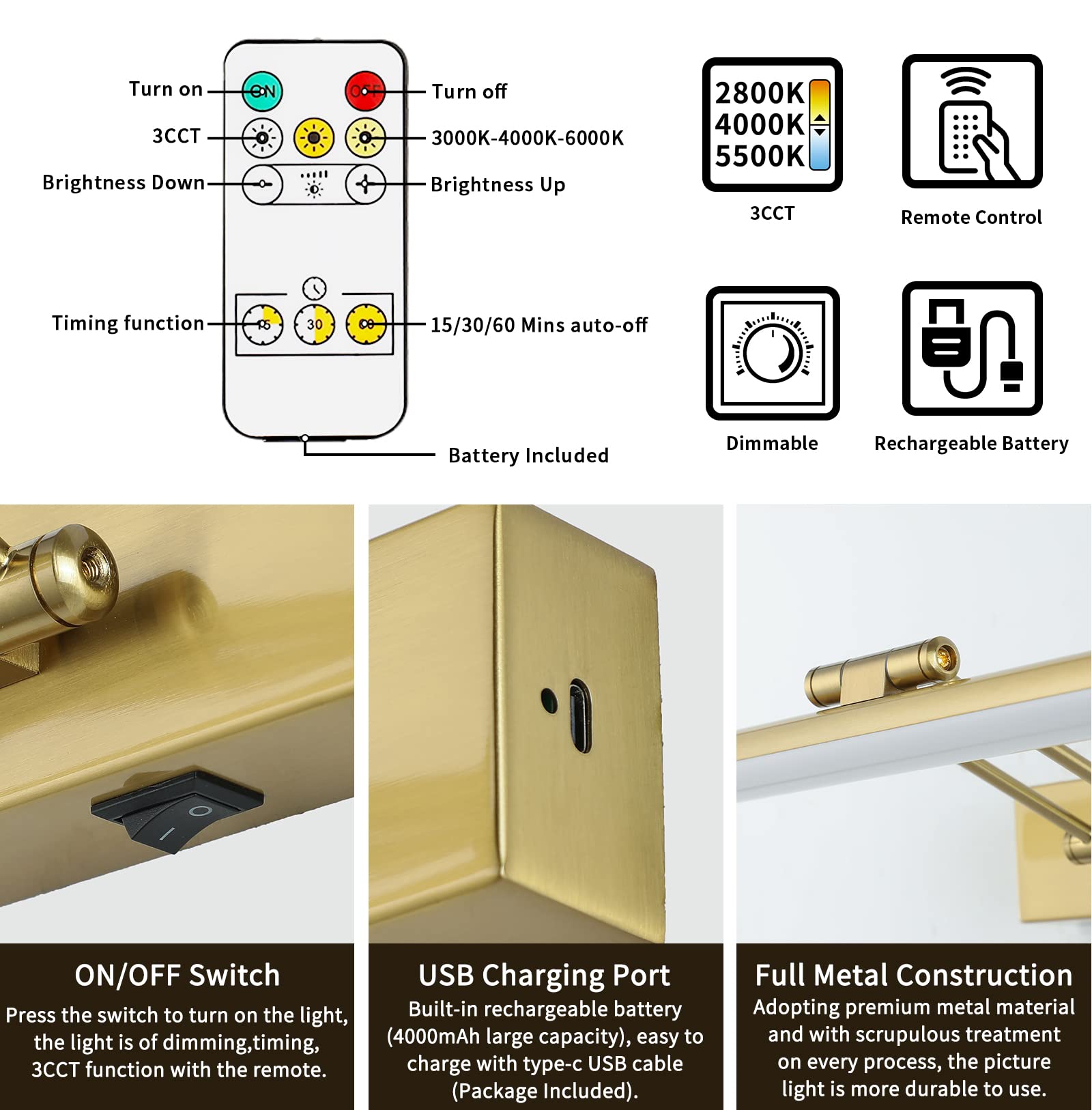 Jusheng 16'' Wireless Picture Light With Remote, Battery Operated Brass Art Display Lighting