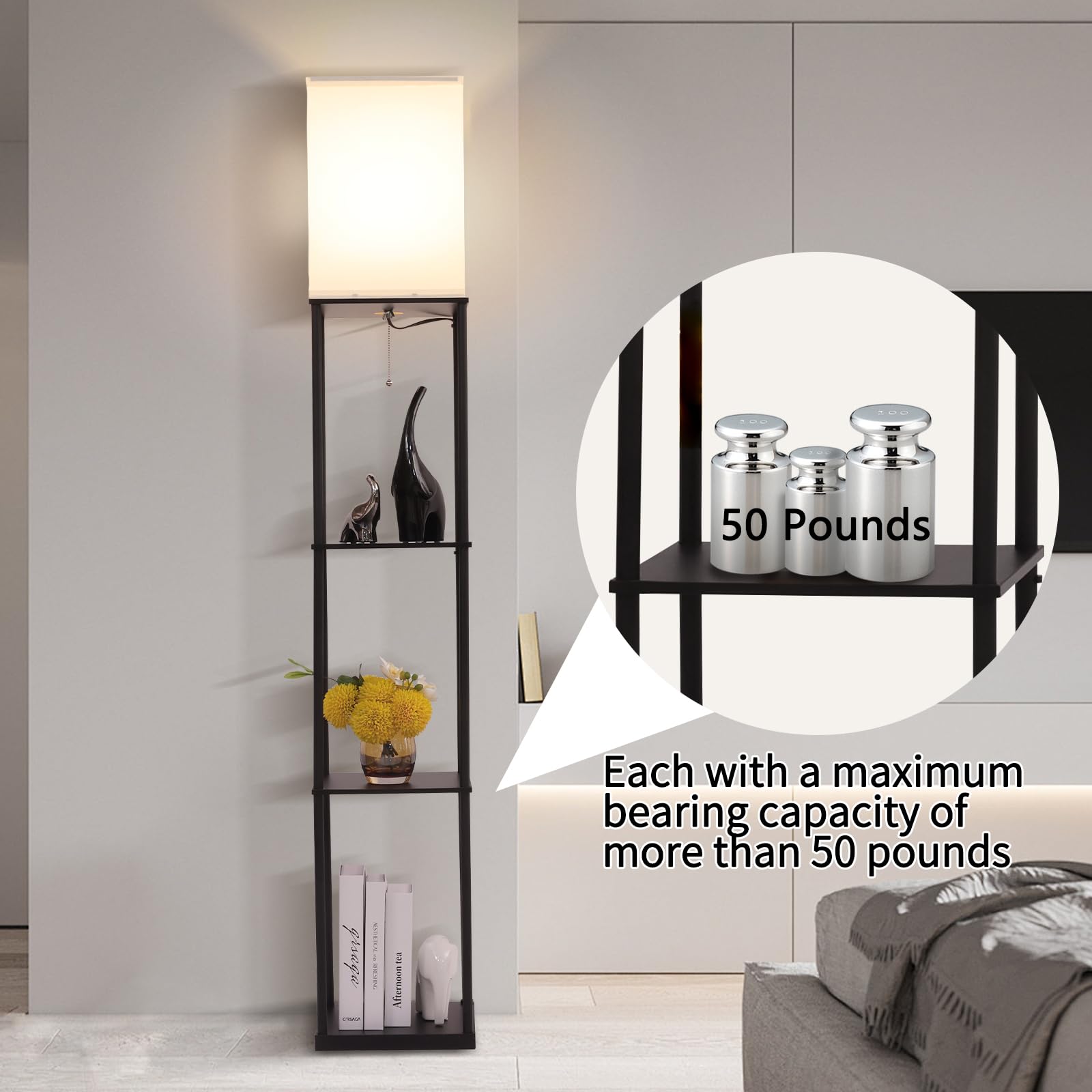Gupuzm Floor Lamp with Shelves, Modern Black Standing Lamp with 3 Color Temperatures, Model PFL-007 for Living Room and Bedroom
