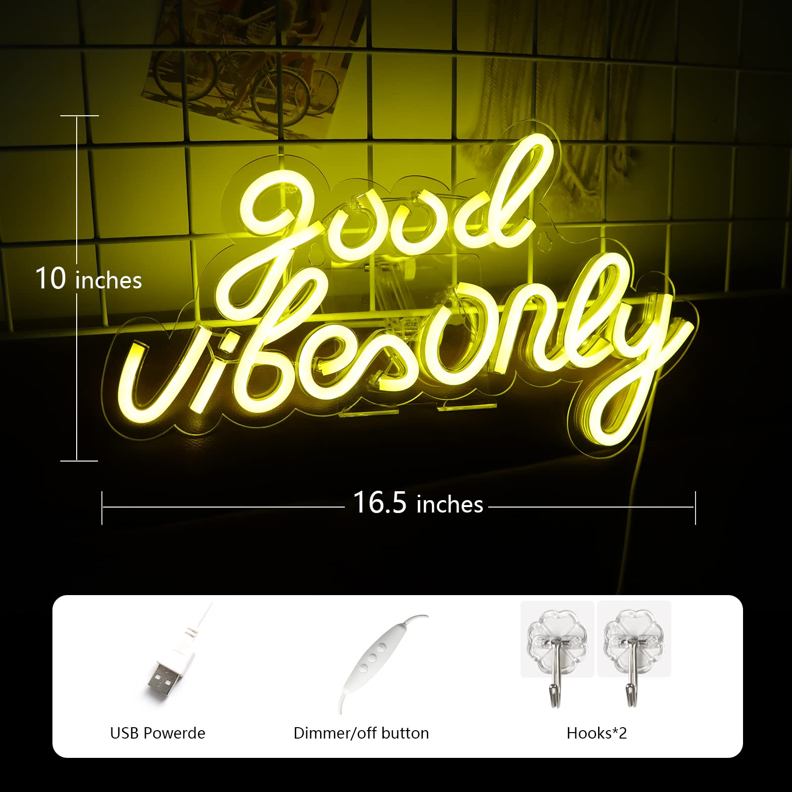 Jfllamp Neon Signs - Good Vibes Only Led Wall Decor, Yellow, 16.5X10 Inch, Perfect Gift