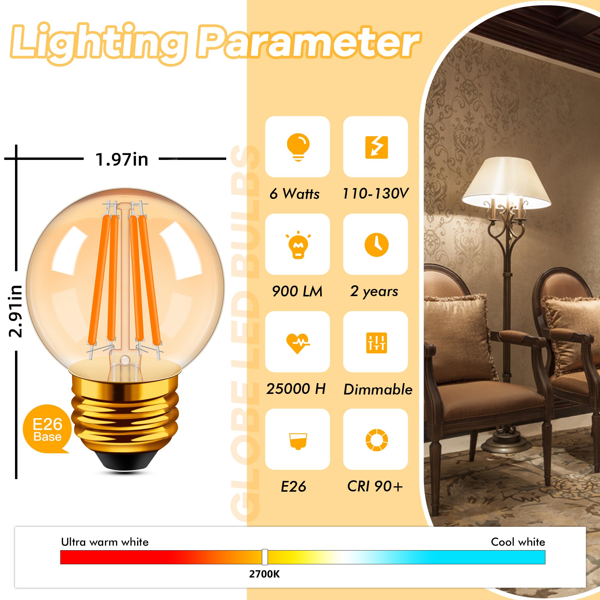 Grensk Dimmable E26 LED Light Bulbs, 6W (60W Equivalent), 2700K Warm White, Amber Glass, 6-Pack
