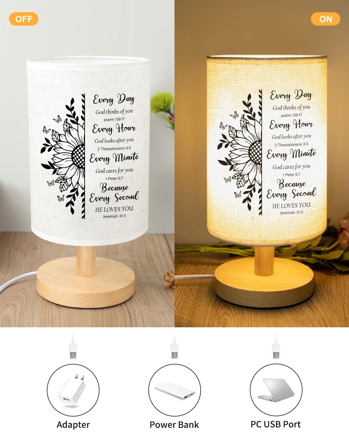 Calibron Christian Gifts Table Lamp, White Fabric with Bible Verse - Inspirational Religious Easter Gift for Women, Model KKJJ04320