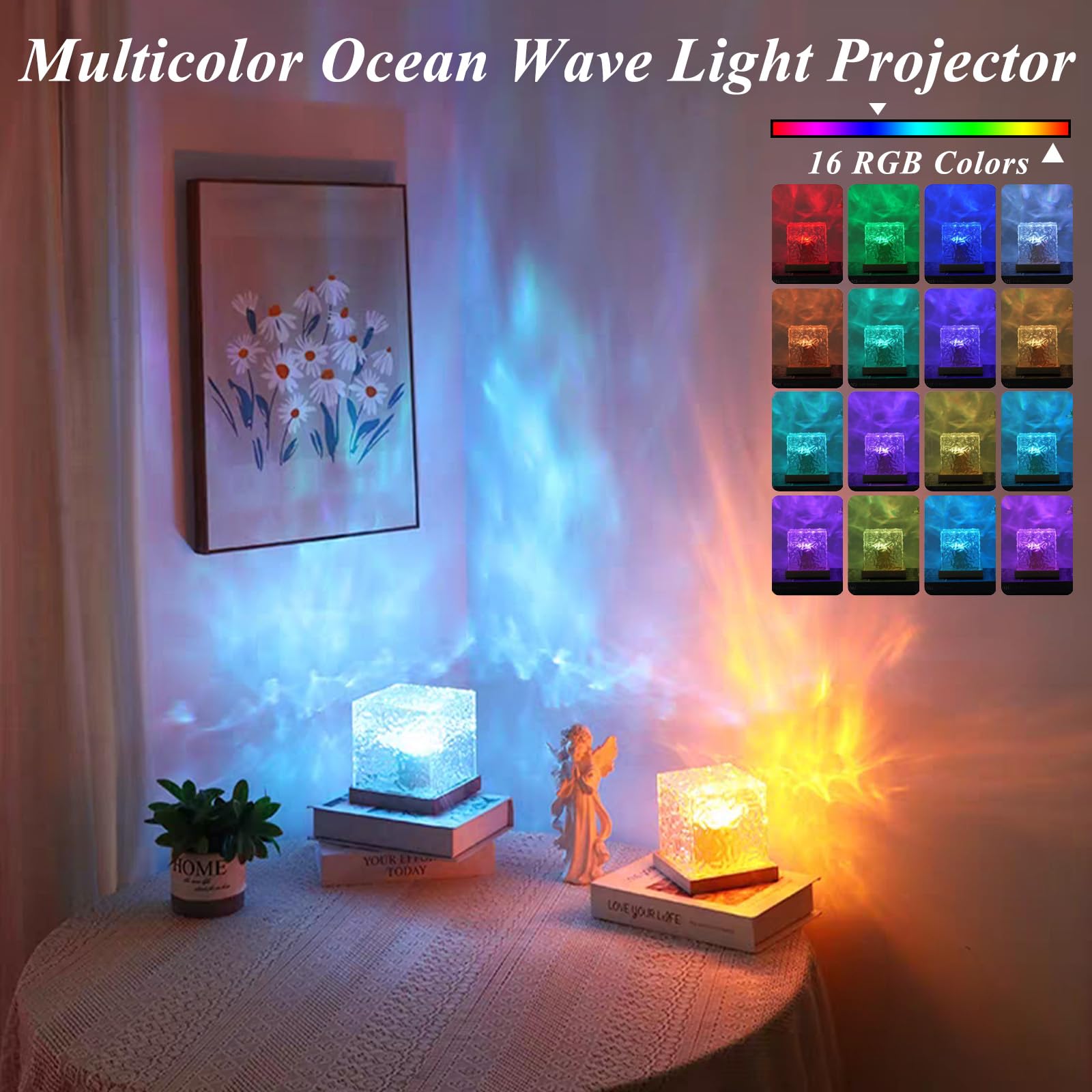 KidoYean 2Pack Ocean Lamp Projector - Cordless Rechargeable, 16 Colors, 4 Modes, Dimmable Northern Lights Mood Lighting for Bedroom