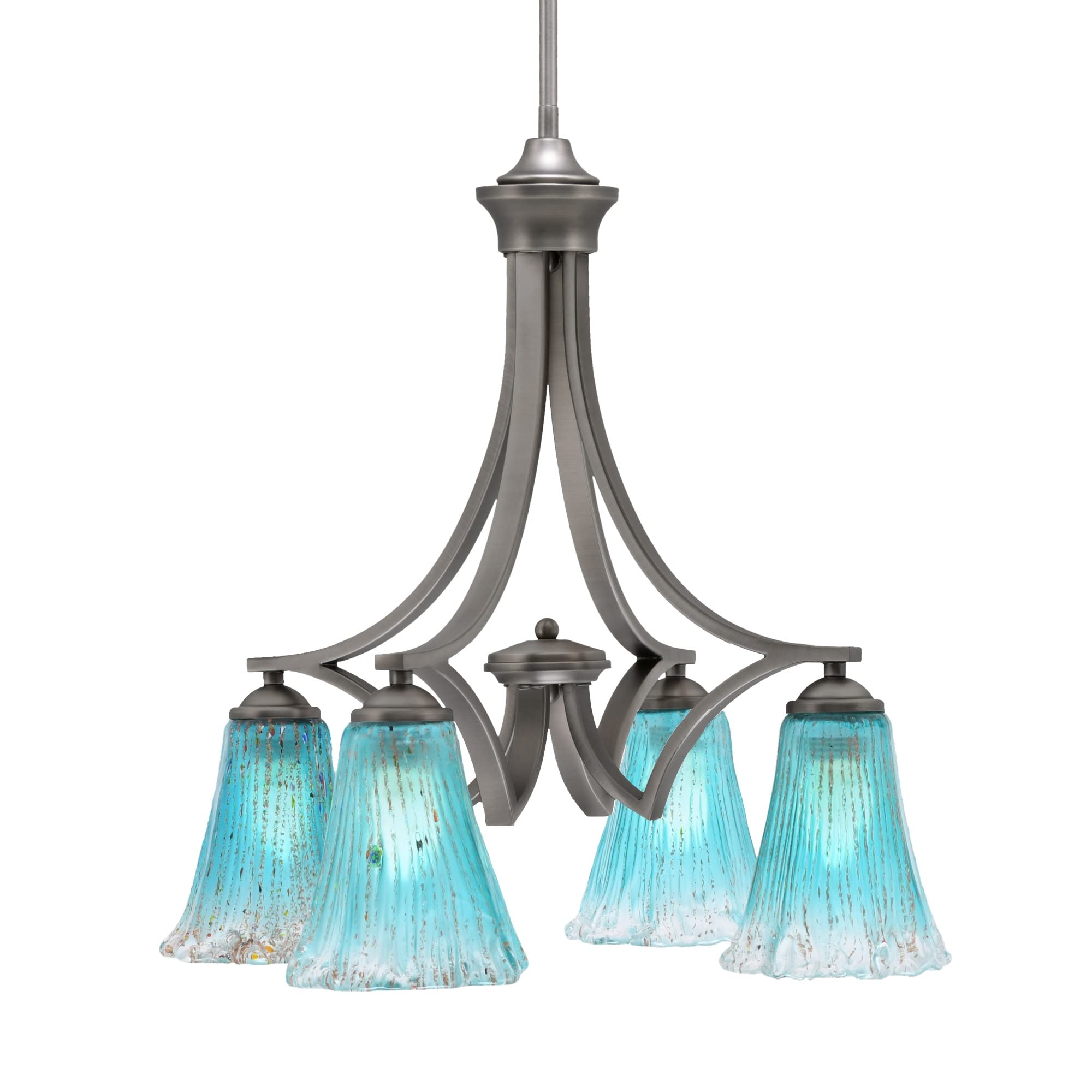 Toltec Lighting Zilo Downlight, 4 Light, Chandelier in Graphite Finish with 5.5&quot; Fluted Teal Crystal Glass