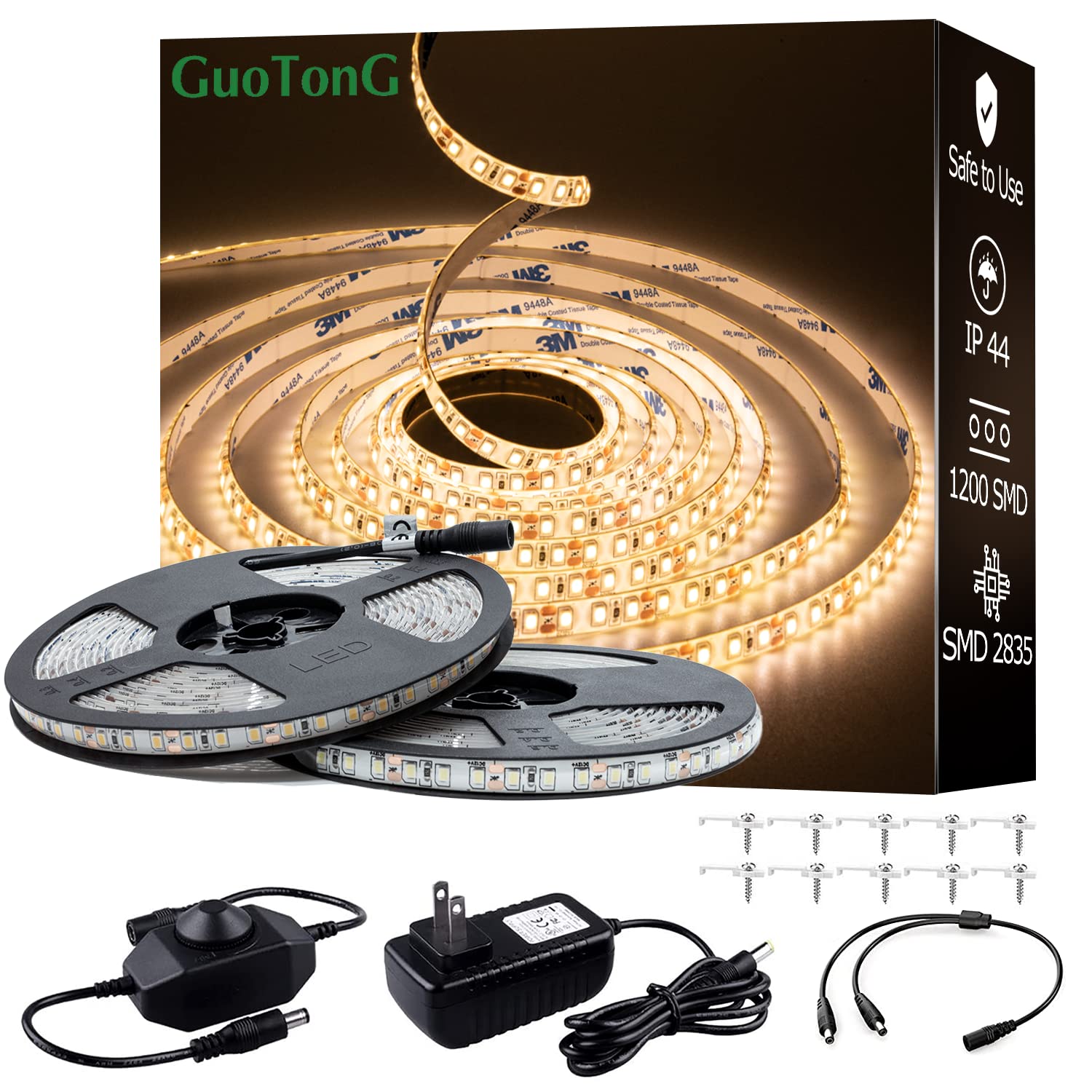 GUOTONG White LED Strip Lights, Waterproof cuttable 1200 SMD 2835 LED Tape, 12V 65.6ft/20m Flexible Ribbon, Kitchen Cabinet Ligh