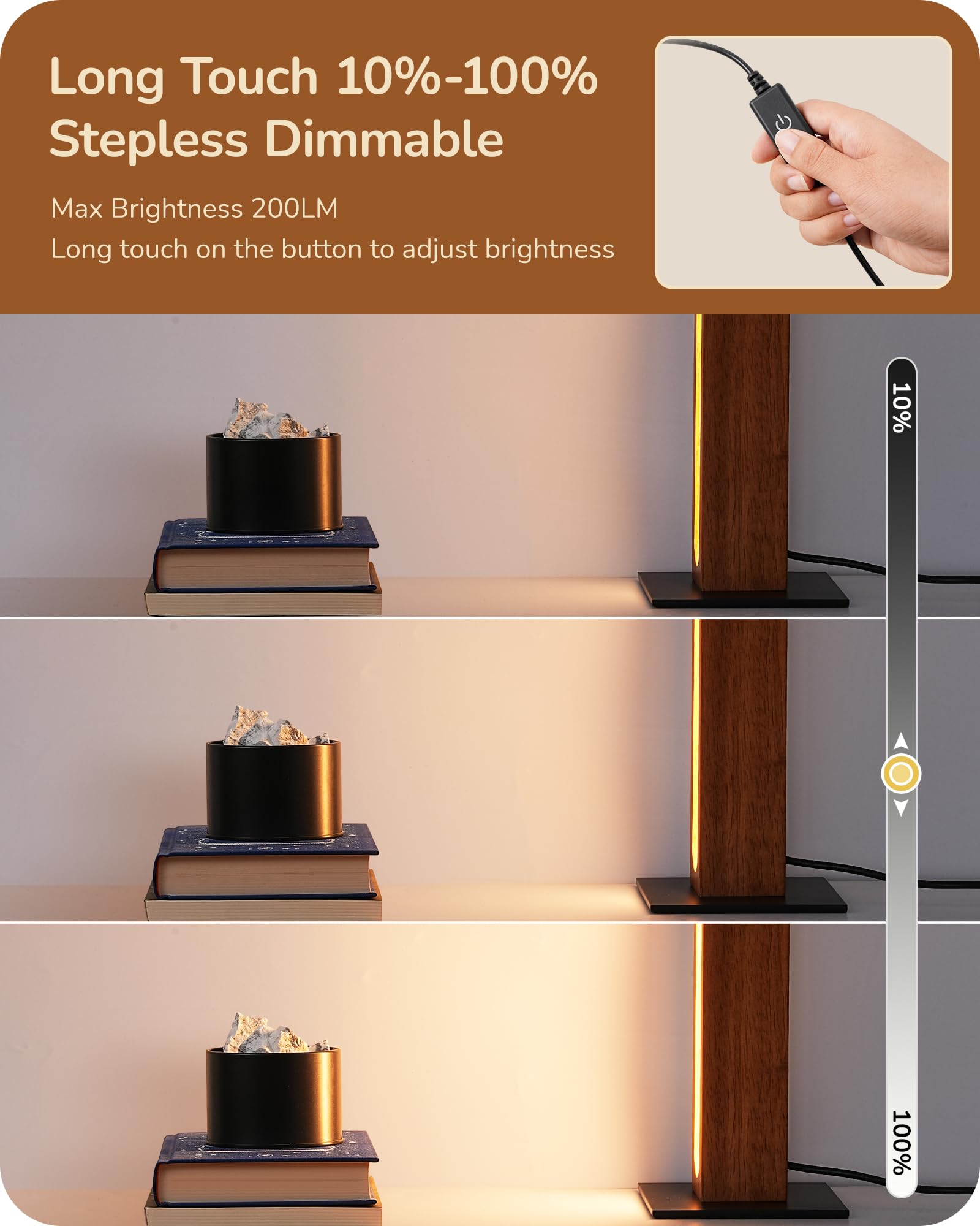 EDISHINE LED Table Lamp - Small Square Nightstand Lamp with 3 Color Temperatures, Stepless Dimming, Touch Control - Dark Wood Finish