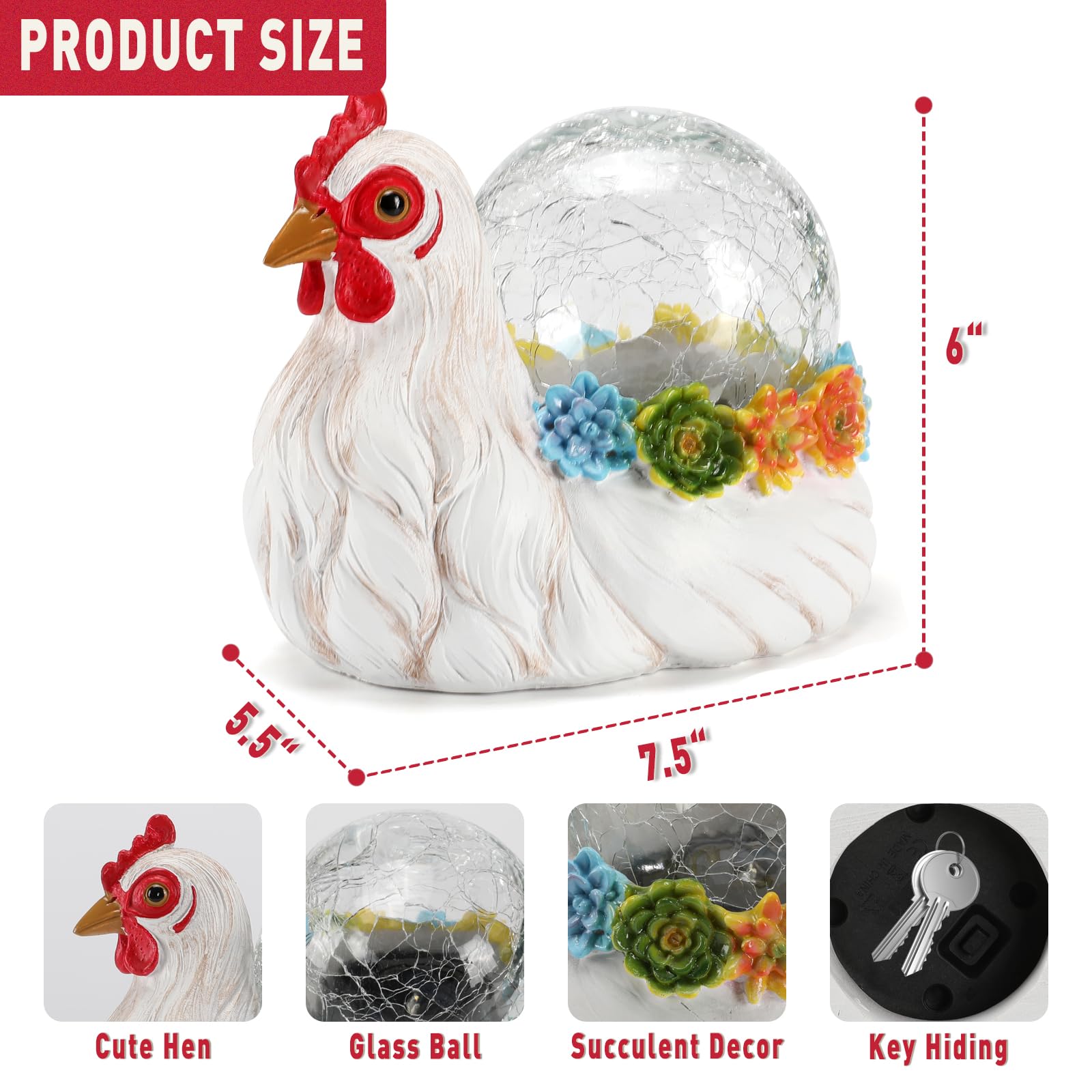 Vasesun Solar Chicken Garden Statue Lights For Outdoor Decor With Cracked Glass Led Rooster Figurine Lighting Resin Succulent He
