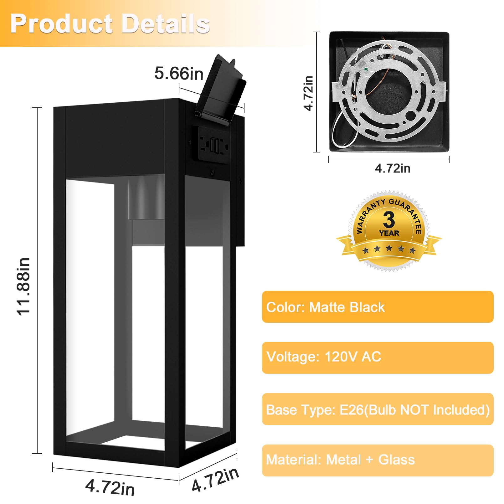 OYKYOHEI Outdoor Wall Sconce Light with GFCI Outlet, Waterproof Metal Lantern, Black, No Sensor, Model TSU-B05053GP-1PUS