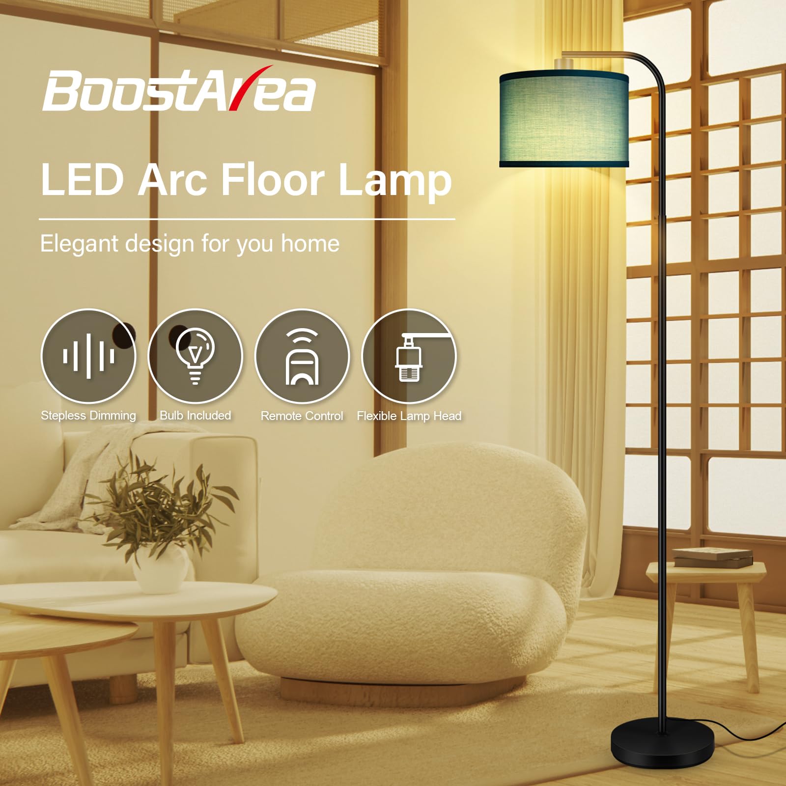 BoostArea Dimmable Floor Lamp - 67" Green Metal Arc Lamp with Remote Control, Stepless Dimming & Color Temperature 2700-6500K, Model B1389