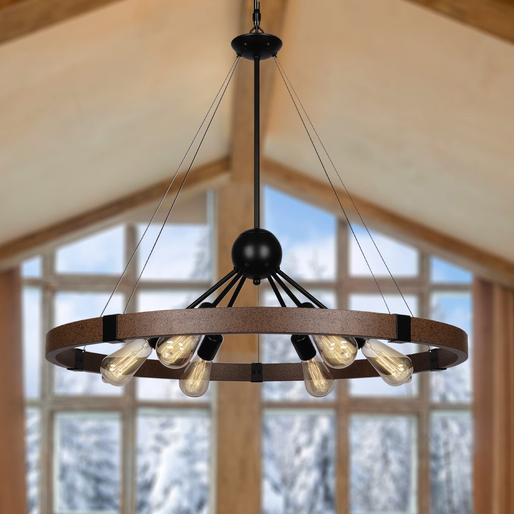 Klgxnrd 31.5'' Farmhouse Chandeliers for Dining Room, Rustic Wagon Wheel Chandelier for Entryway, Sputnik Light Fixture for Brea
