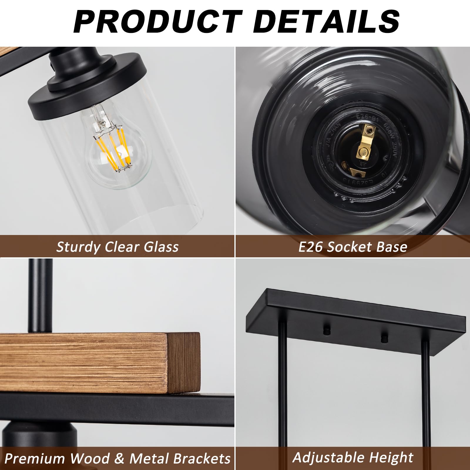 Dining Room Light Fixture Over Table, Farmhouse 4-Light Kitchen Island Lighting, Modern Wood Chandelier With Adjustable Height, Large Industrial Black Pendant Lights Ceiling Hanging For Living Room