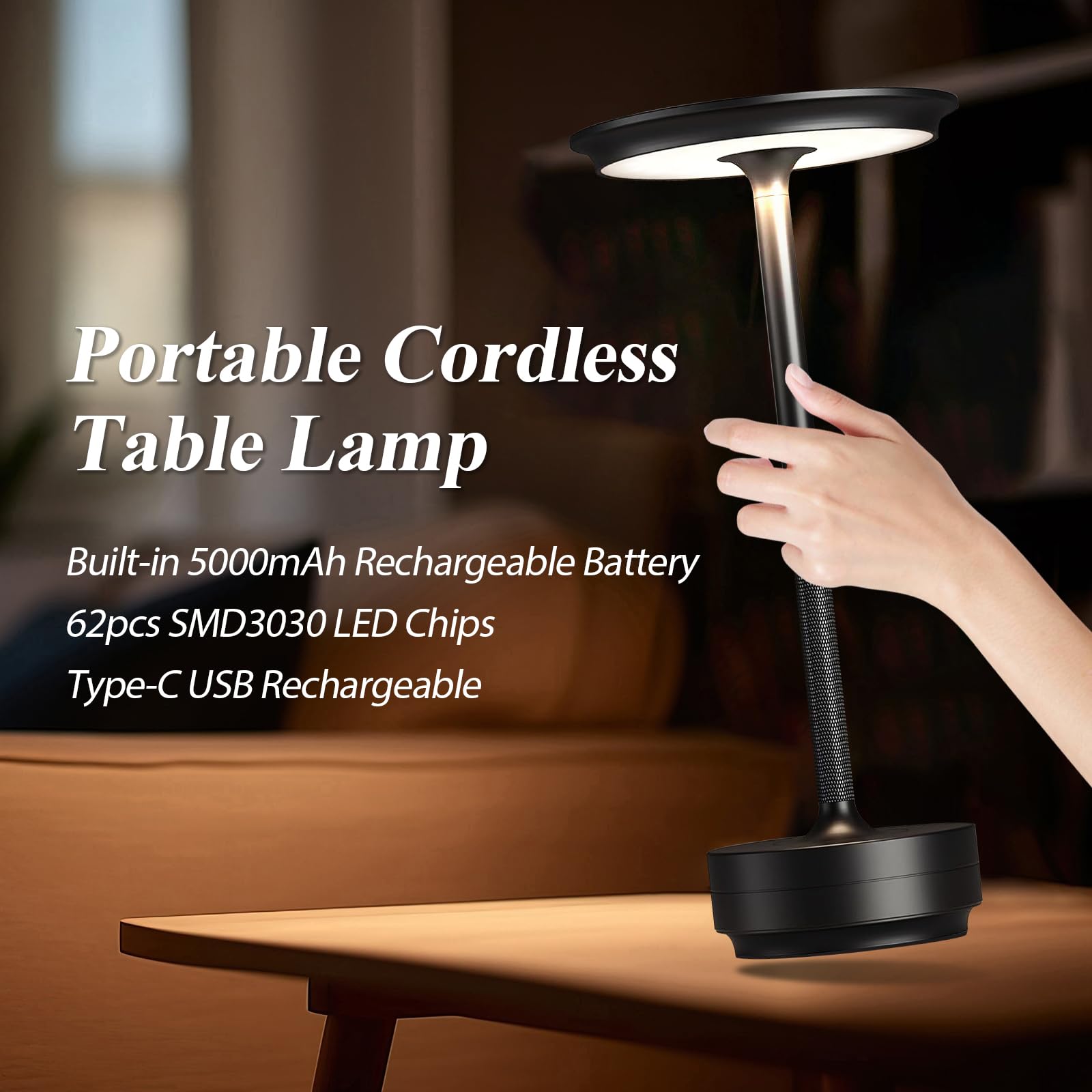 Jdvads Cordless Table Lamps 1 Pack Rechargeable, Portable 5000Mah Battery Table Light,3 Color Stepless Dimming Led Table Light,