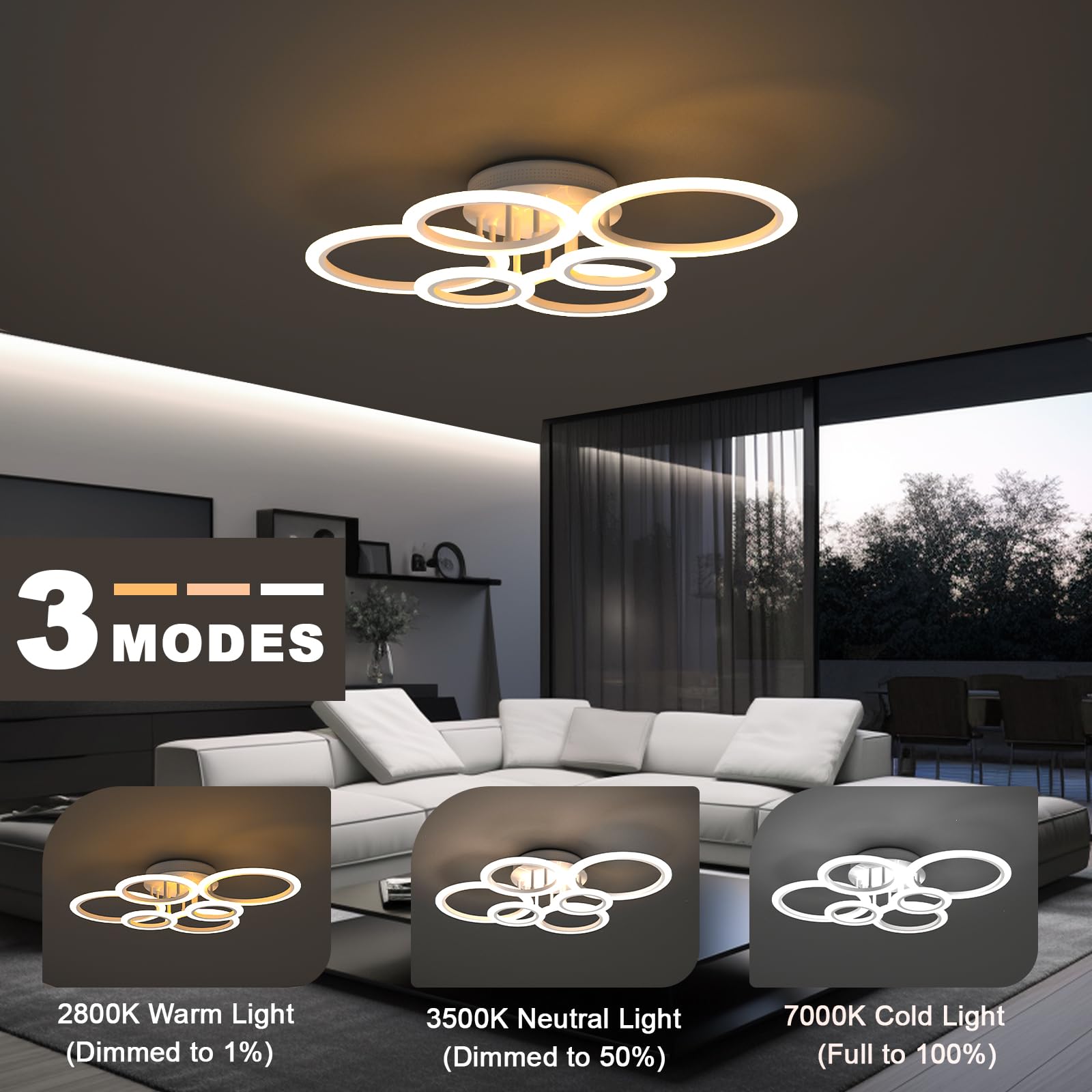 OUQI Modern LED Ceiling Light, 72W 6400LM, Dimmable 2800K-7000K, 31.5" Flush Mount Chandelier, White, 6