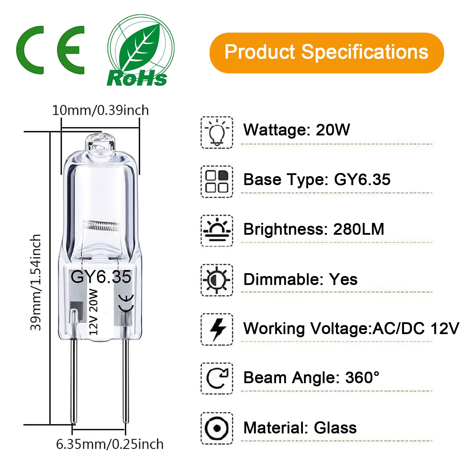 Lacnooe GY6.35 Light Bulbs, 12V 20W Halogen Capsule, Warm White, 12 Pack, Dimmable, Glass, 2 Prong Base