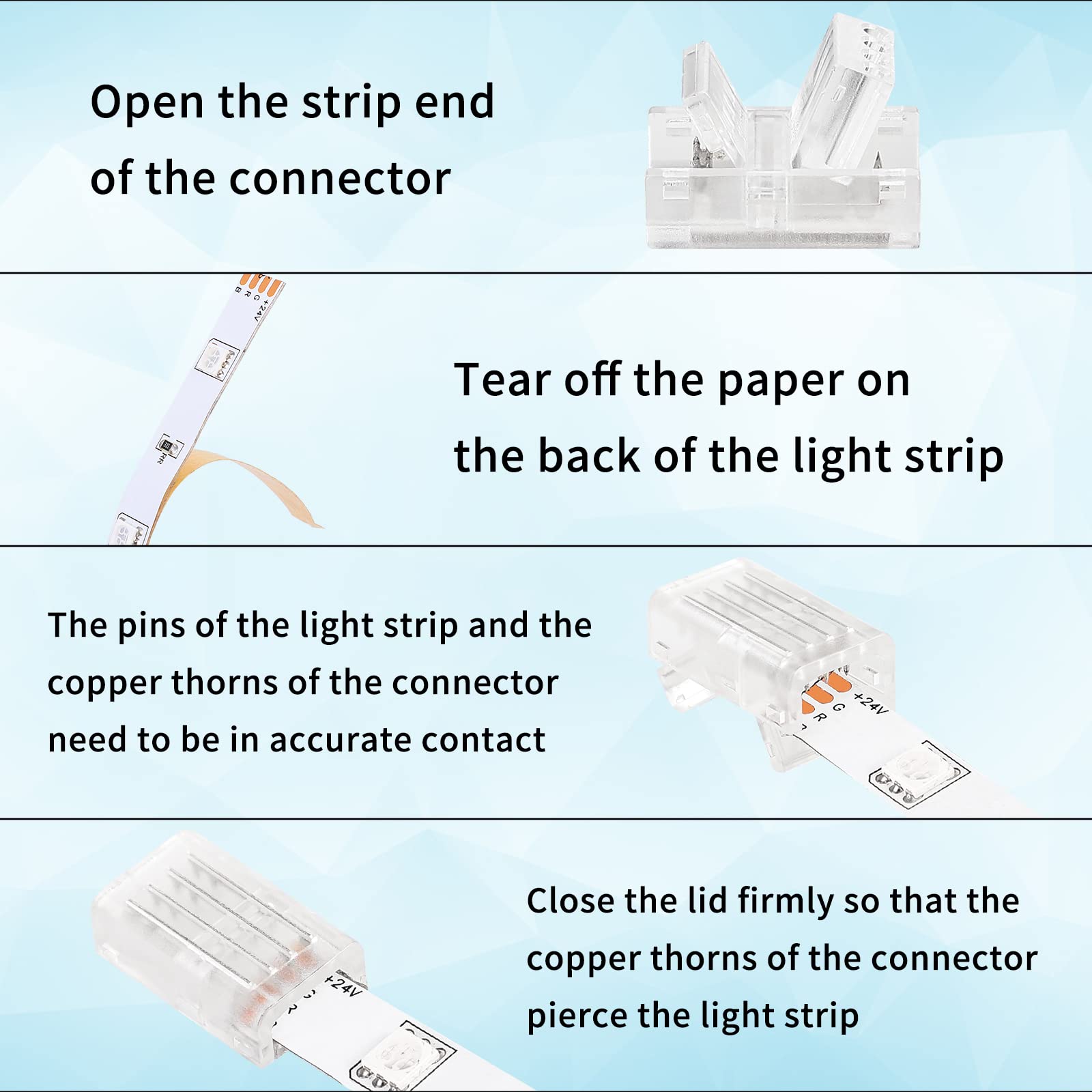 Homelylife 4 Pin Led Strip Connectors Solderless 10 Pcs With 16.4Ft Extension Cable 4 Conductor For Waterproof Or Non-Waterproof