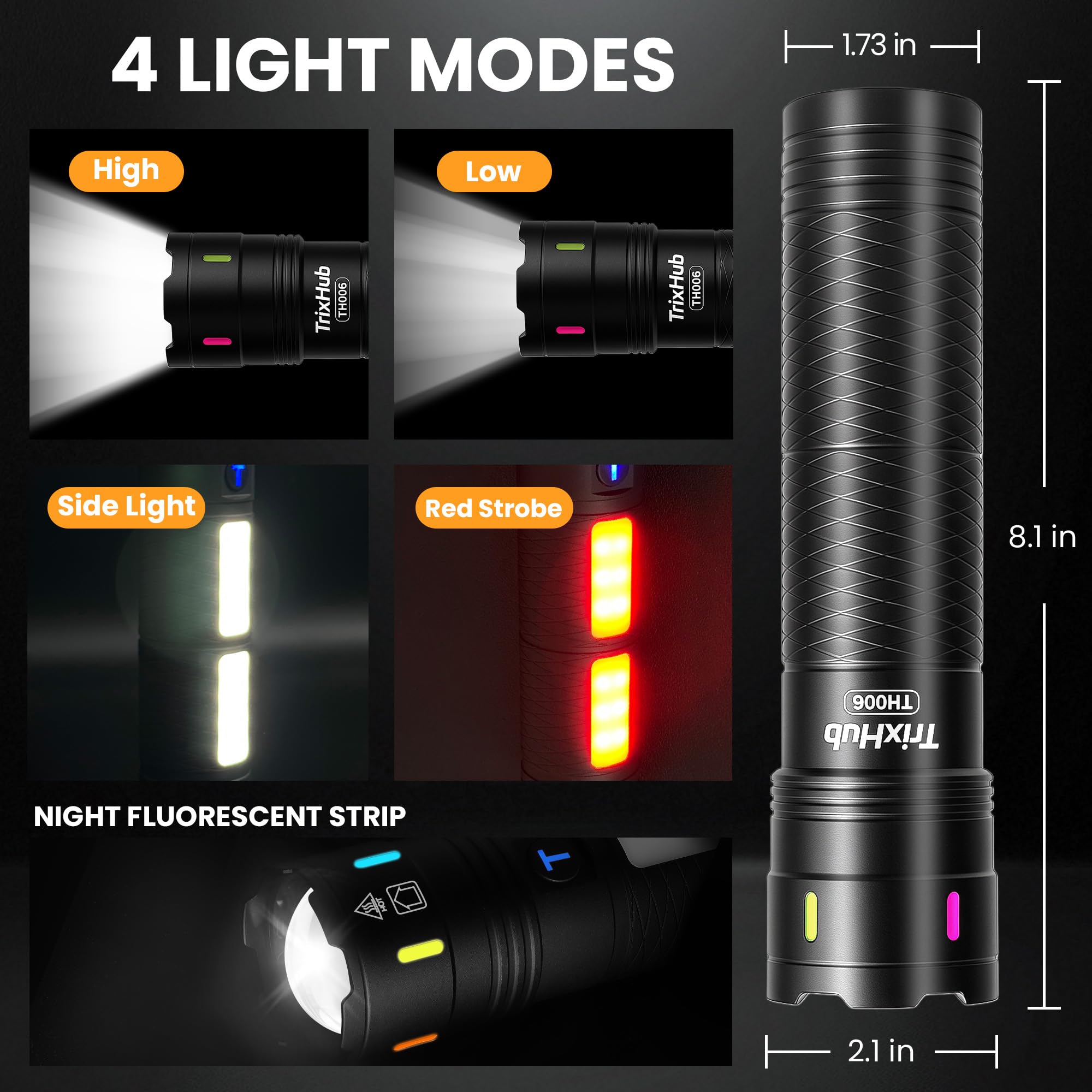 TrixHub Rechargeable Flashlight 990,000 Lumens, Long Range 5000ft, 4 Modes, Tactical Black Aluminum Model TH006