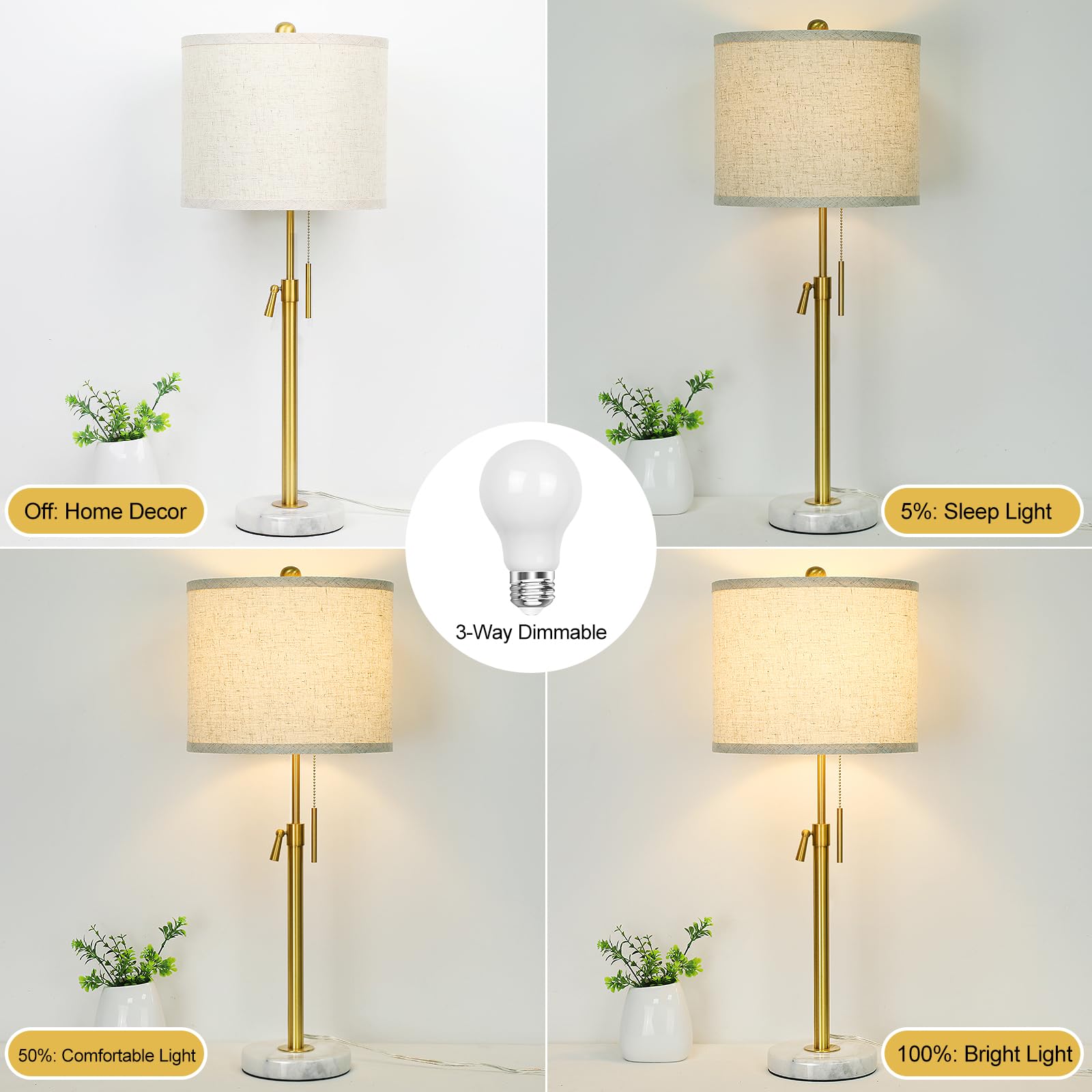 Table Lamp Set Of 2: 22'' To 30'' Height Adjustable Pull Chain Switch For Living Room Bedroom End Table, Marble Base Beige Linen