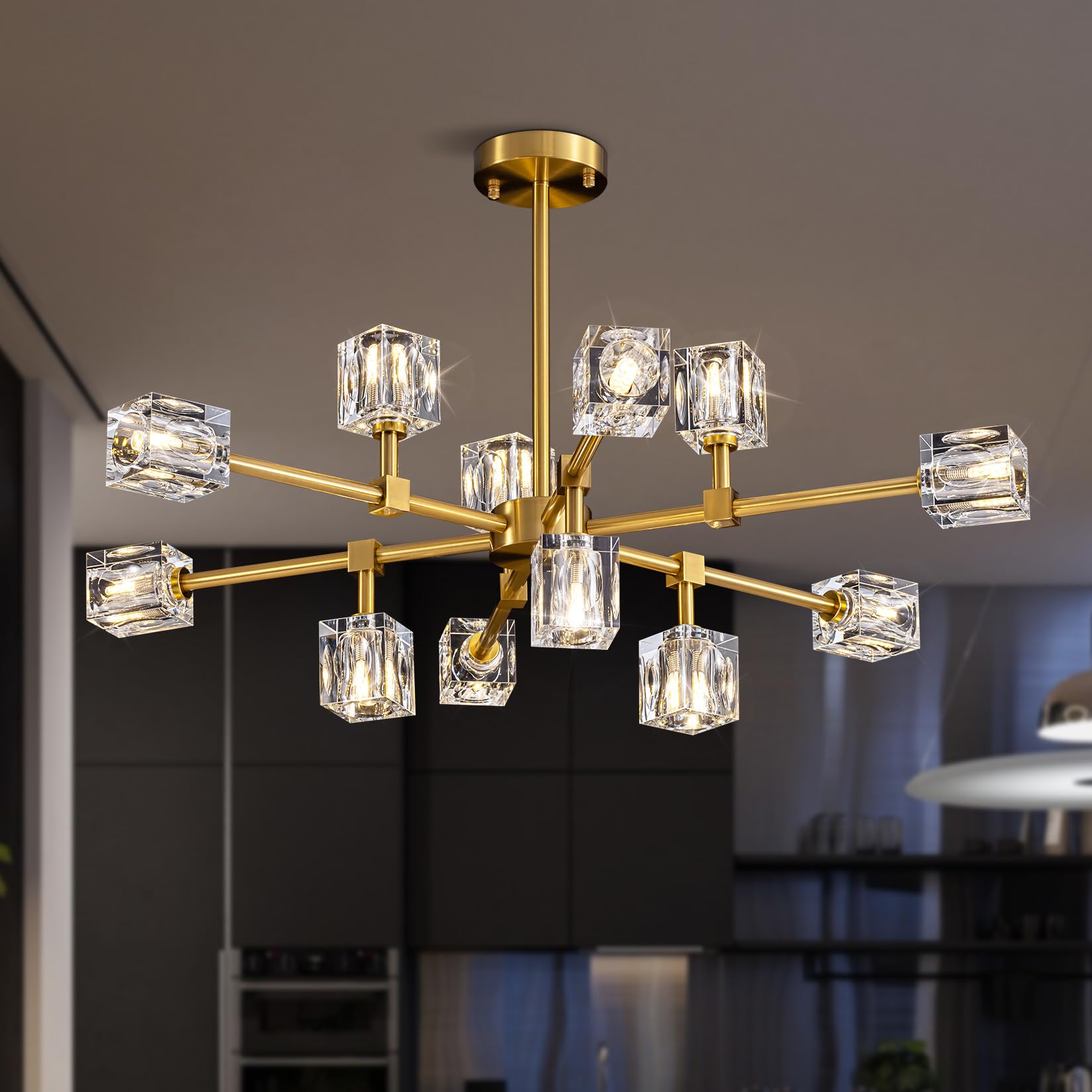 OKES Crystal Chandeliers for Dining Room Light Fixtures Gold Sputnik Chandelier with 12-Lights Modern Adjustable Height Semi Flush Mount Ceiling Light Fixture for Kitchen Island Bedroom Entryway