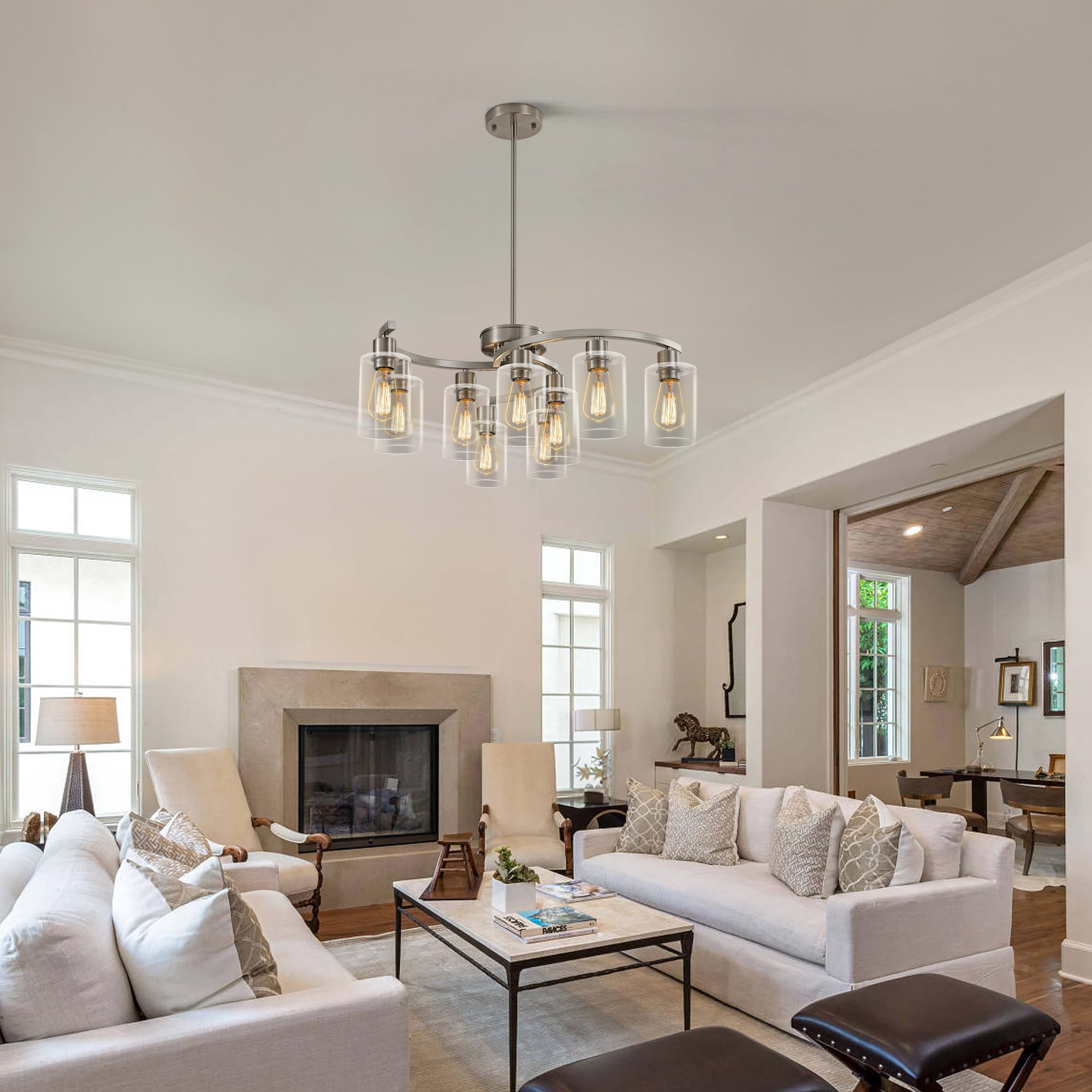 Cnratye 9-Light Brushed Nickel Glass Chandelier, Adjustable Height Hanging Industrial Dining Room Chandelier Over Table, Modern