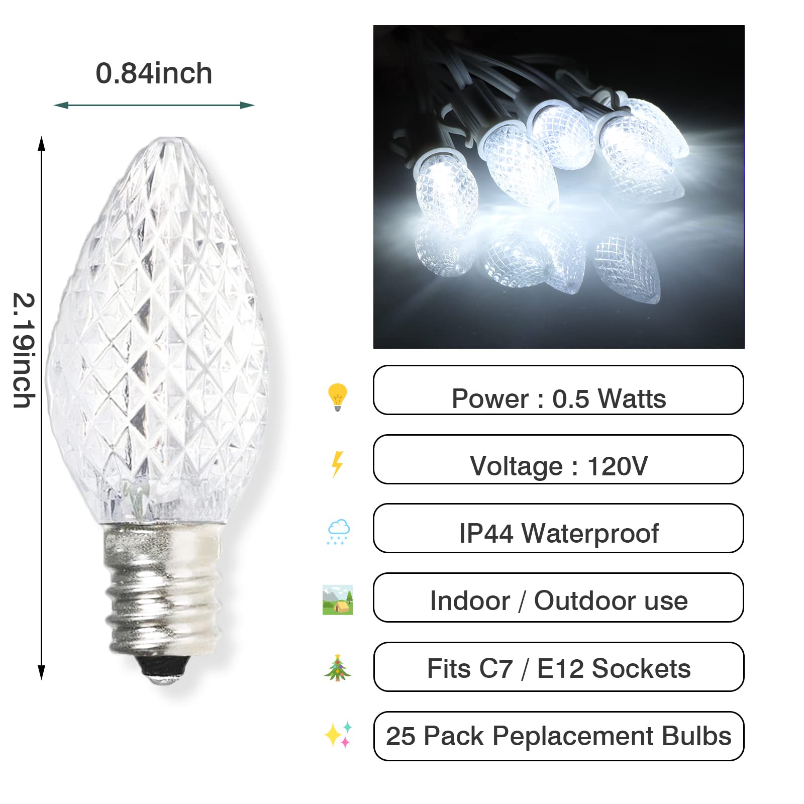 Aniai 25Pcs C7 Led Christmas Light Bulbs - C7 Led Bulbs With E12 Base Sockets Replacement Bulbs For Outdoor String Lights - Comm