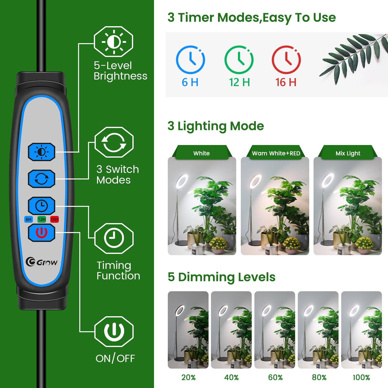 Aokrean Full Spectrum Grow Light, 2 in 1 Desktop Lamp, Auto Timer, 5 Brightness, Height Adjustable 9.8"-37.4", Aluminum, 1 Pack