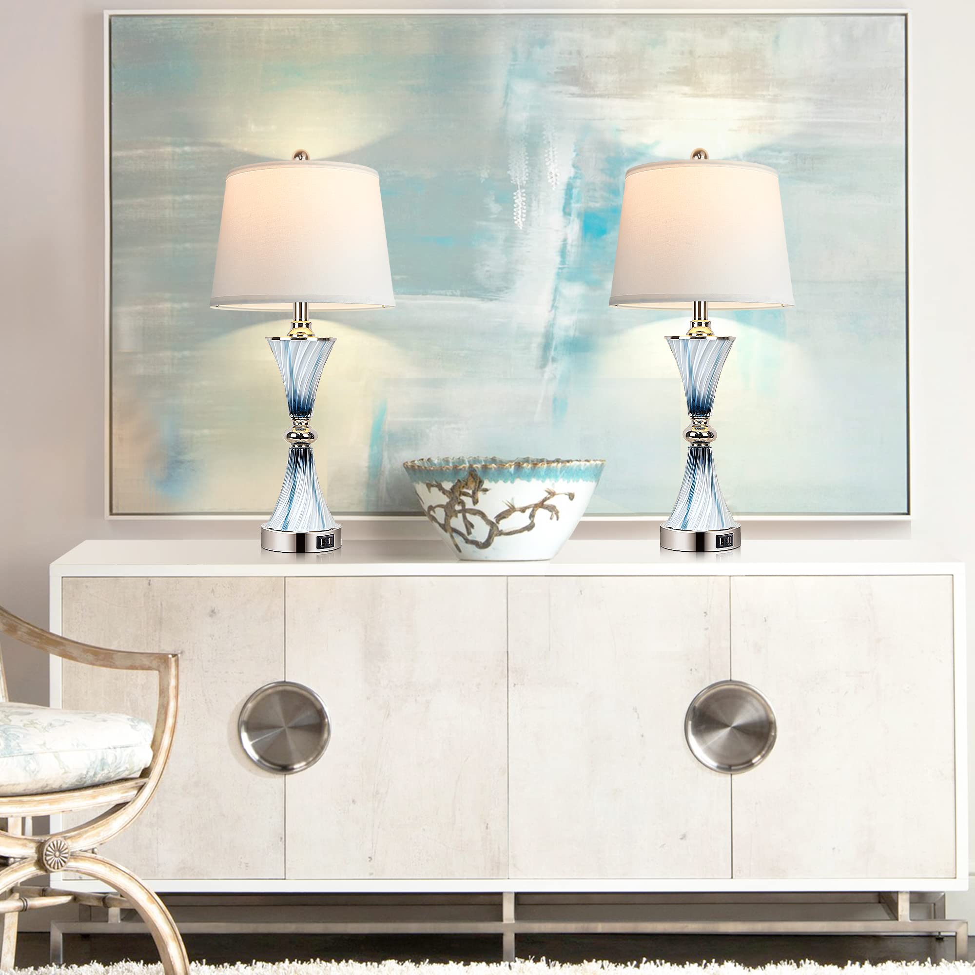 Set Of 2 Blue Glass Table Lamps For Bedrooms With 2 Usb Ports 3-Way Dimmable Touch Coastal Bedside Lamps For Contemporary Style