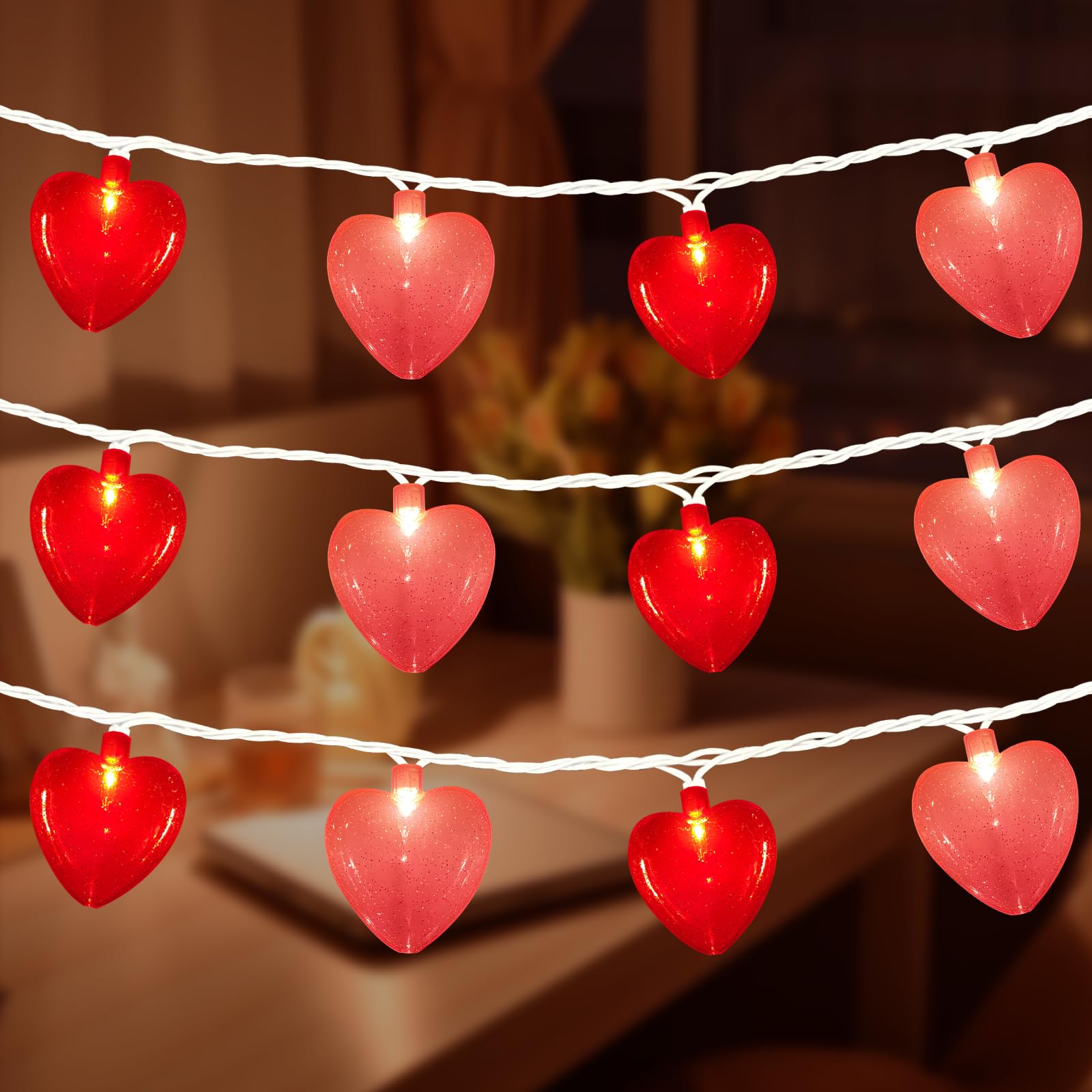 Abeja Heart String Lights, 8.5Ft Valentine's Day Heart String Lights with 10 Red/Pink Hearts, Romantic Love Heart Lights for Valentine's Day, Mother's Day, Party Decor, Wedding, Holiday Decorations