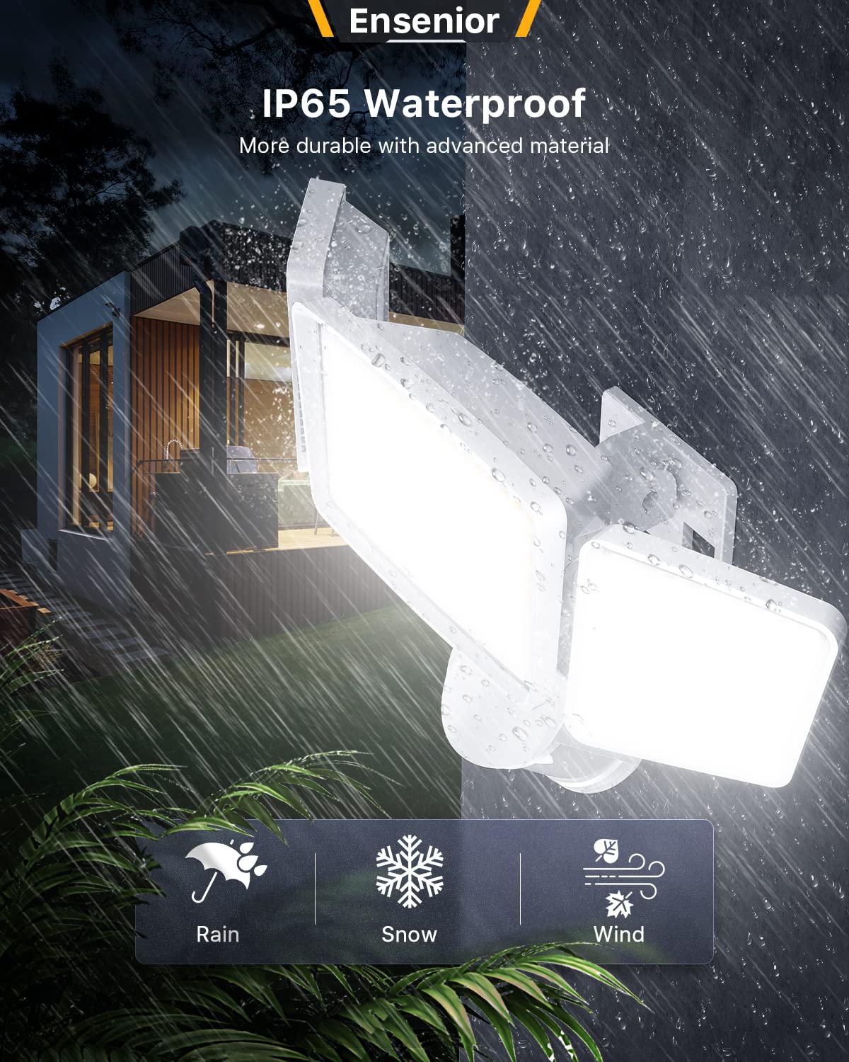 Ensenior 1800LM Solar Flood Lights - Motion Sensor, IP65 Waterproof, 2 Pack, Adjustable Heads, White, Model AQ1-10I-60K-02-WH-M