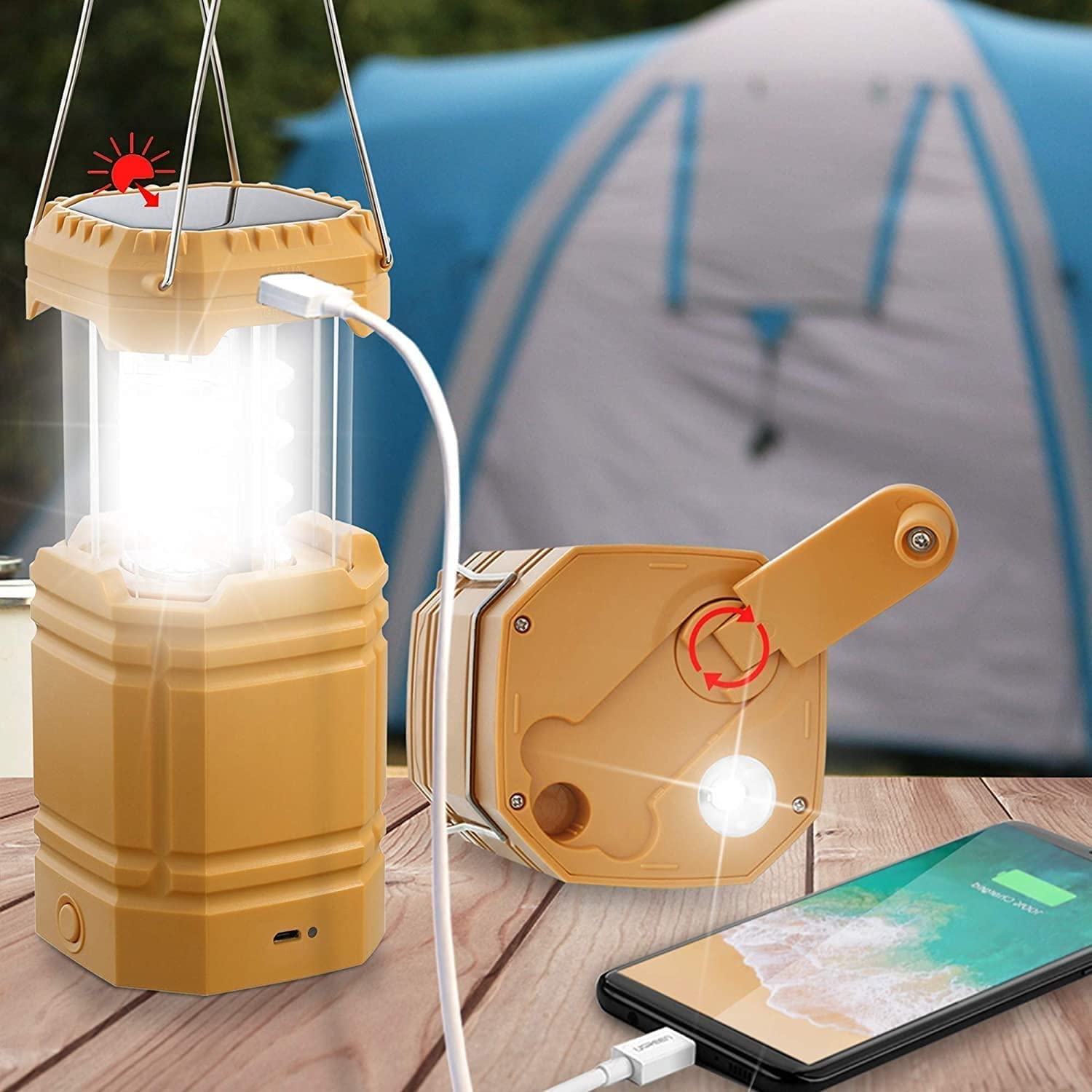 Mesqool Electric Led Camping Lantern,Portable Solar Hand Crank Flashlight For Emergency, Rechargeable Bright Survival Tent Lante