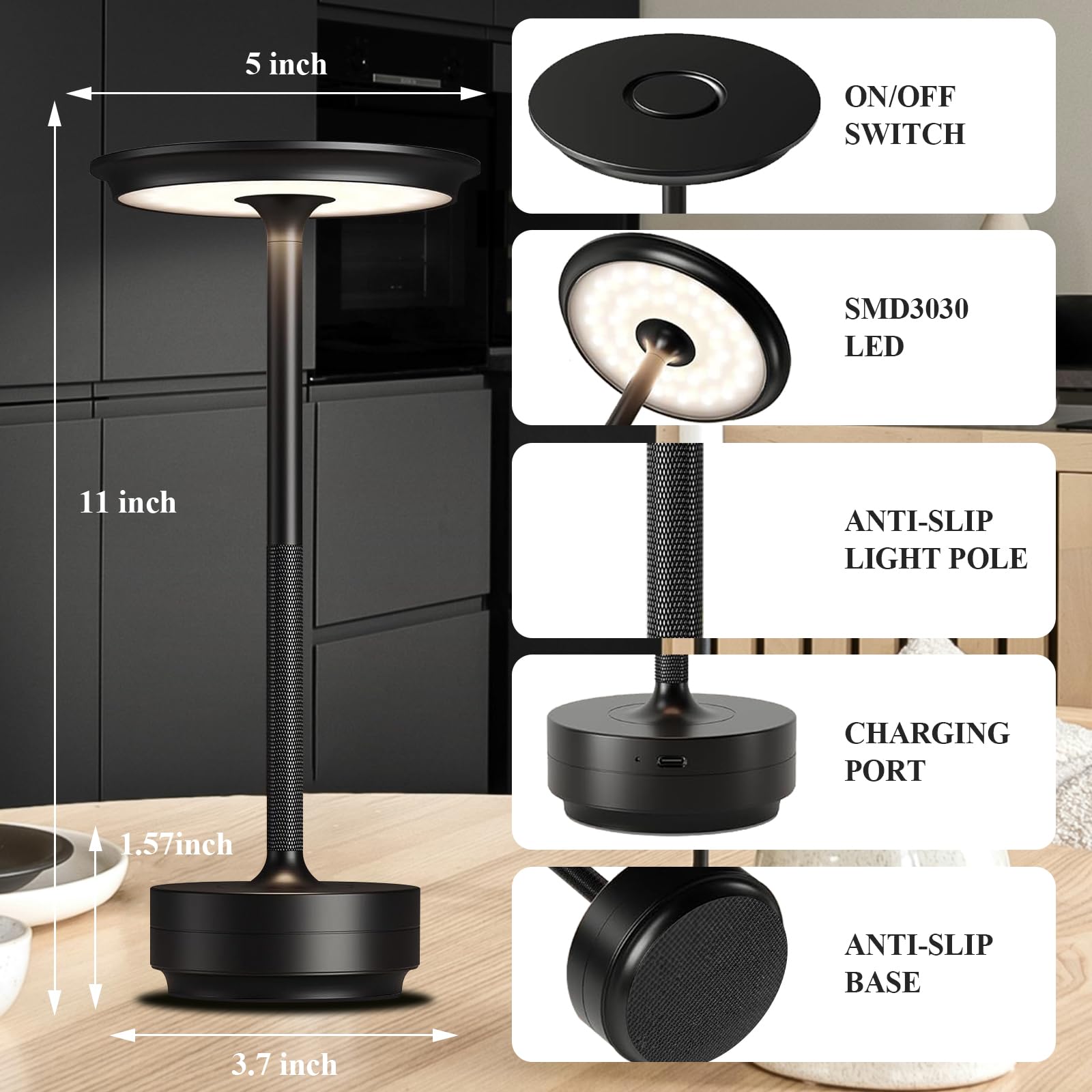 Cordless Table Lamp, 5000Mah Rechargeable Table Lamp, Battery Powered Lamp With 3 Color Stepless Dimming, Portable Led Desk Lamp