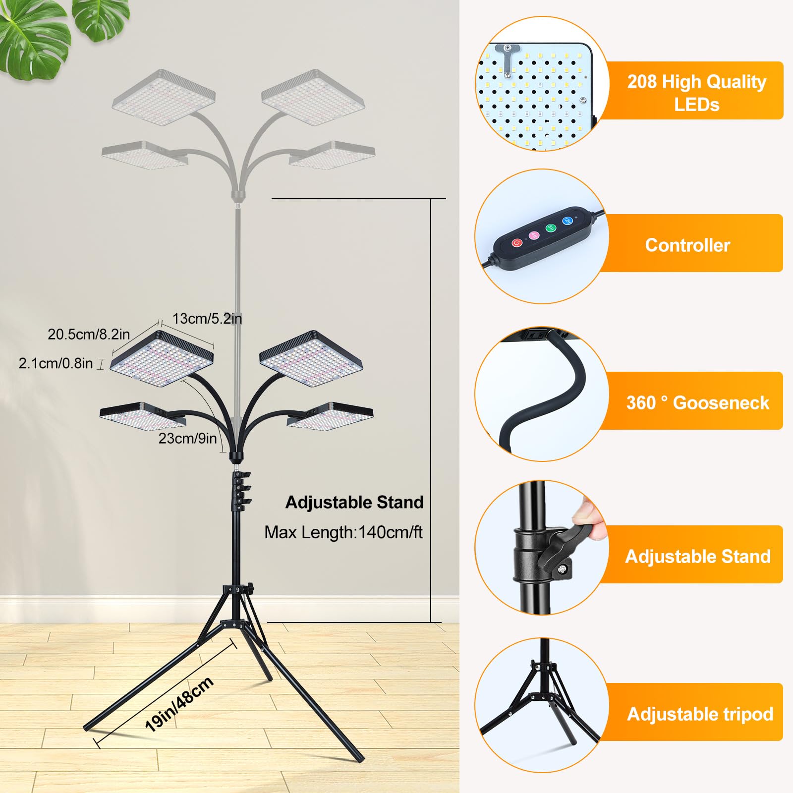 4-Head Grow Light with Stand 100W, FECiDA 2025 Grow Lights for Indoor Plants, Full Spectrum LED Plant Grow Light for Houseplants