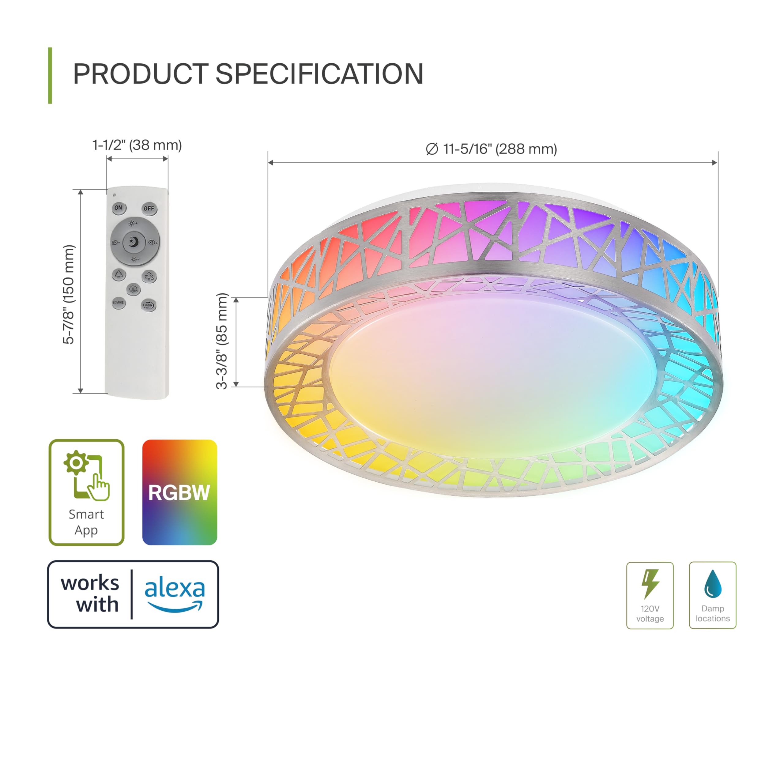 ASD Smart RGBW Flush Mount Ceiling Light, 20W, Dimmable, 12in, Brushed Nickel, WiFi Control, Model A-LFM12D20SRGBW-N
