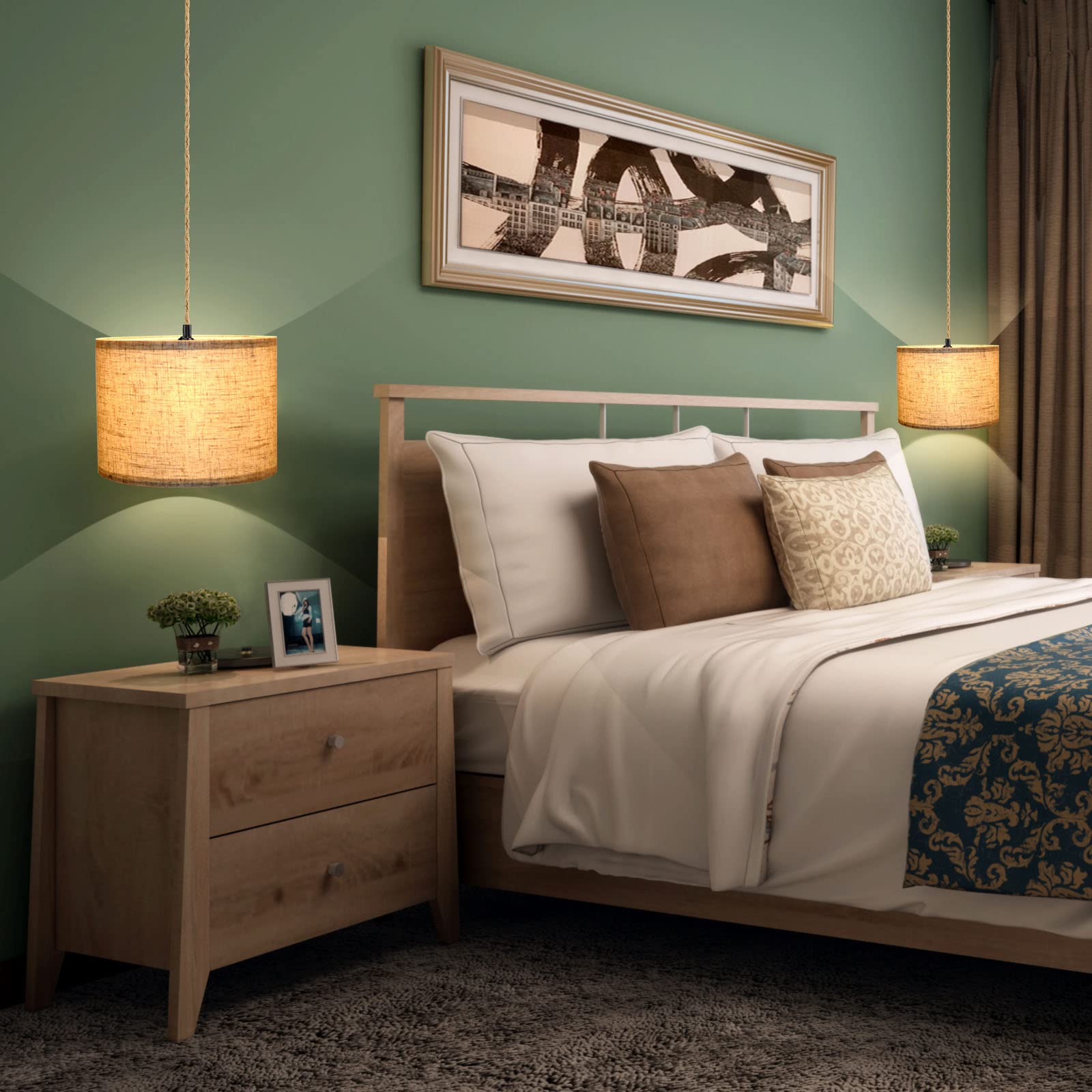 Kuaugst Plug In Pendant Light, Beige Linen Shade, 15Ft Hemp Rope, 2 Pack For Bedroom & Dining