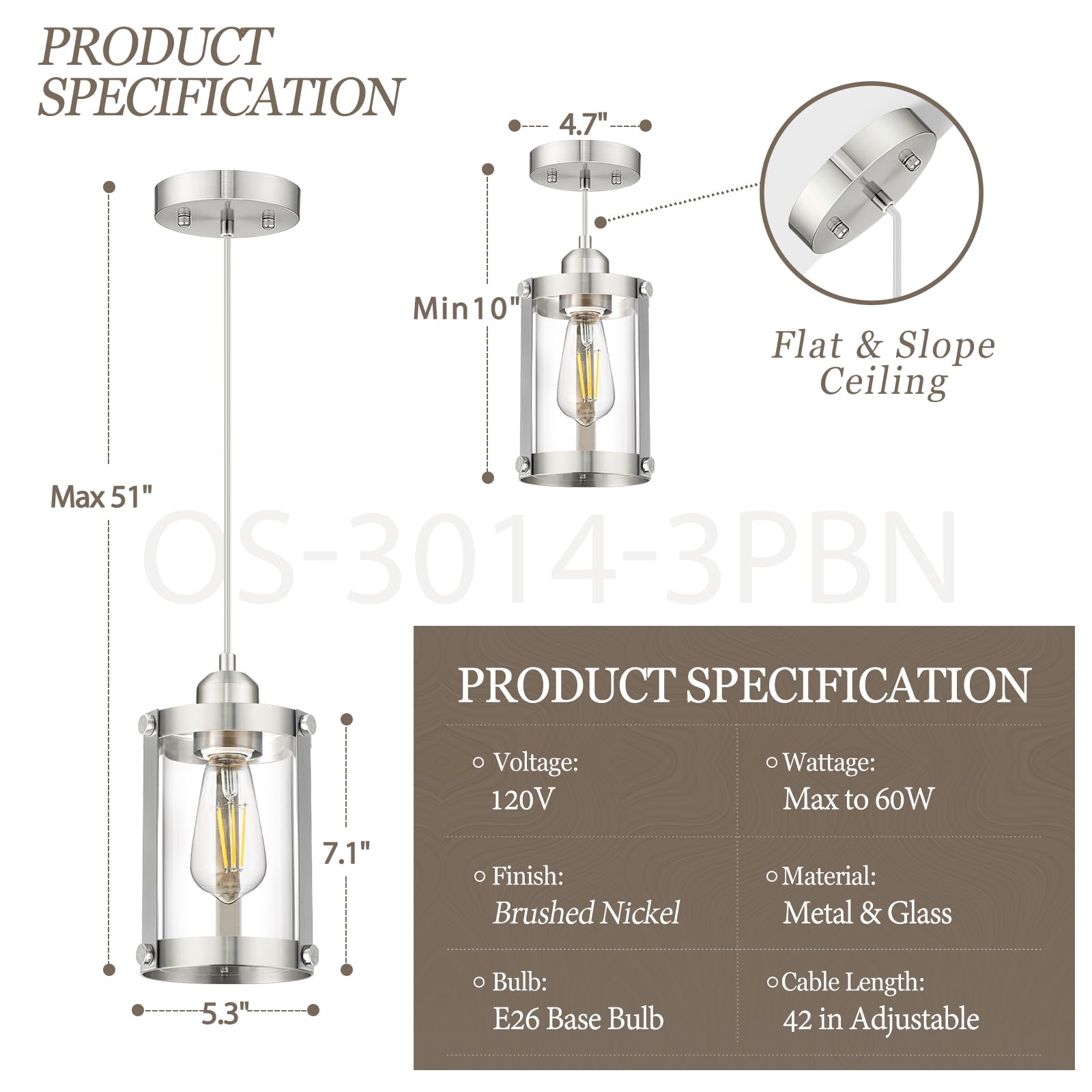 Osimir Brushed Nickel Pendant Lights Kitchen Island 3 Pack, Modern Kitchen Pendant Lighting Over Island With Clear Glass, Farmho