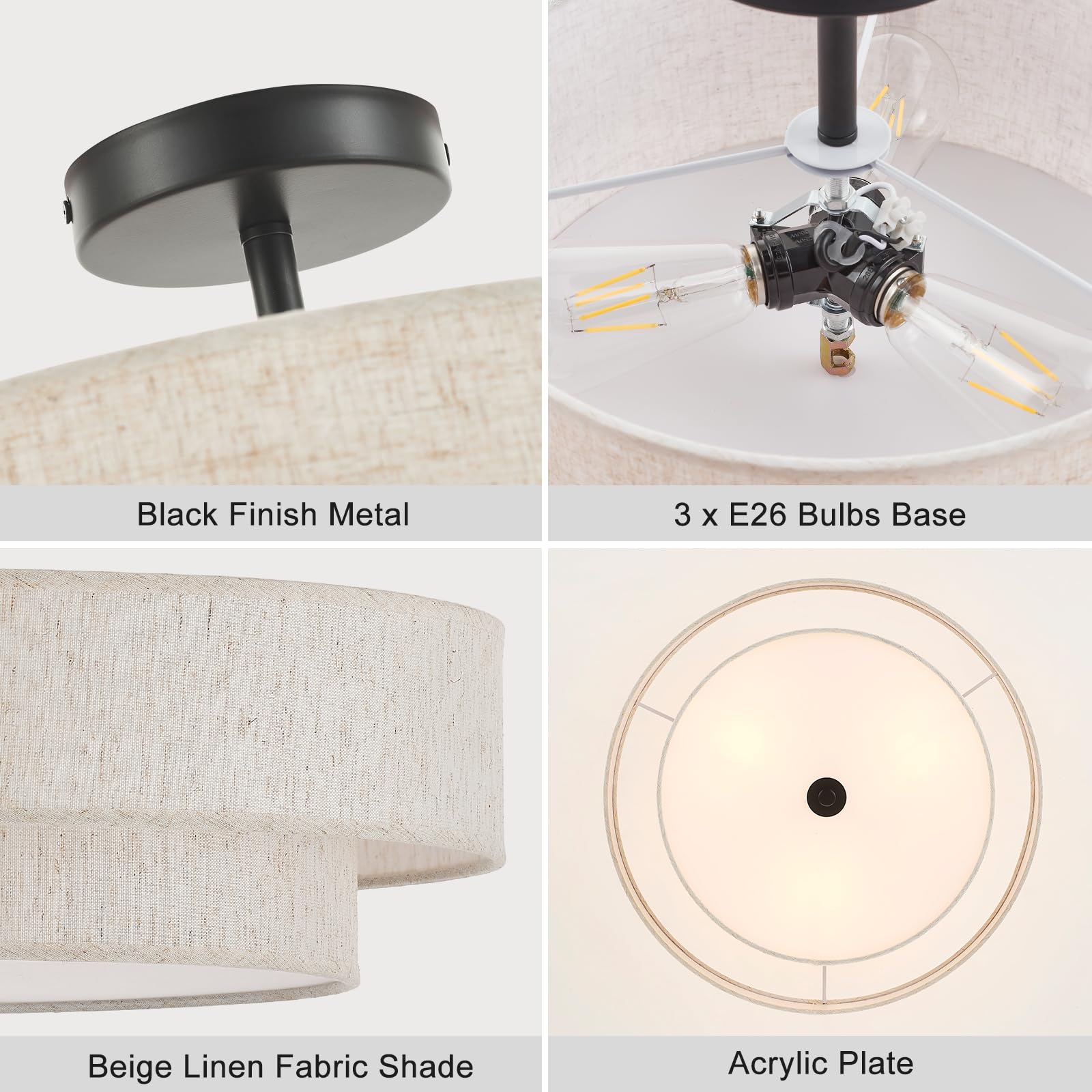 Widluth Modern 3-Light Ceiling Light Fixture, 18" Black Drum with Linen Shade, Vintage Style for Kitchen, Bedroom, Basement, Laundry Room