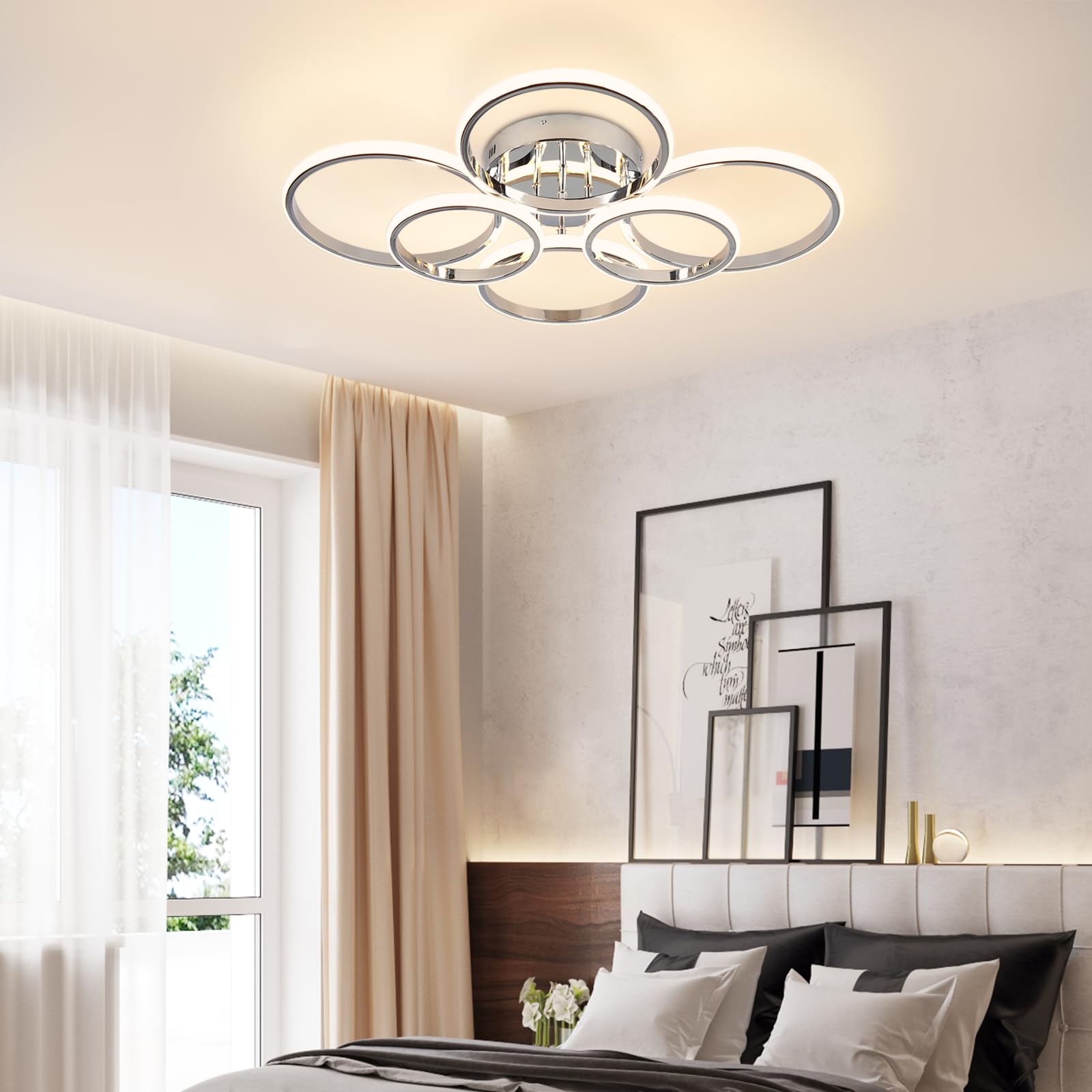 Sovinzert Modern Ceiling Lights, 6 Rings Dimmable Chrome Led Ceiling Light Fixtures With Remote Control, 60W Close To Ceiling Li