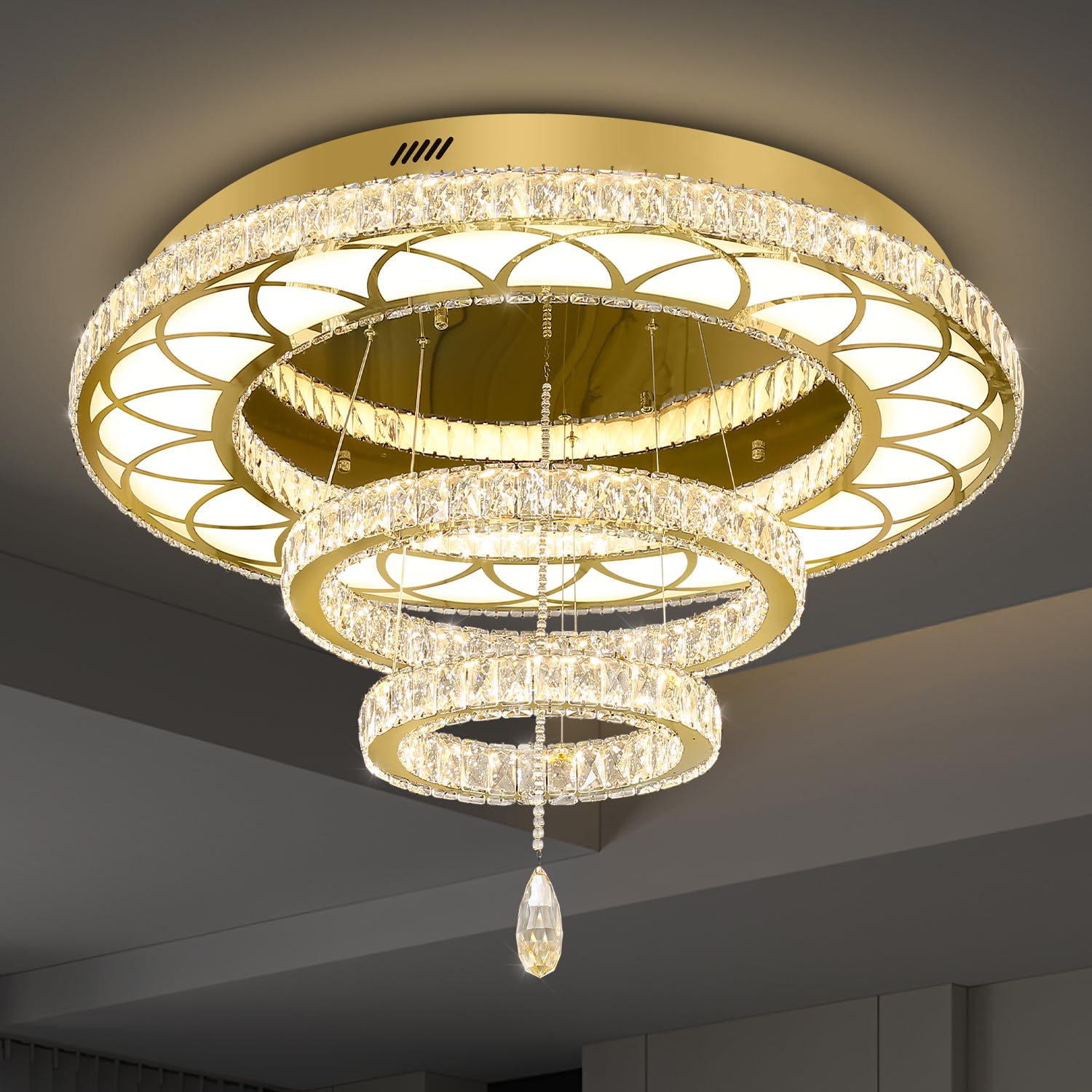 Flashing God Dia 32'' Modern Crystal Chandelier Crystal Gold Ceiling Light Fixtures LED Flush Mount Ceiling Light for Living Roo