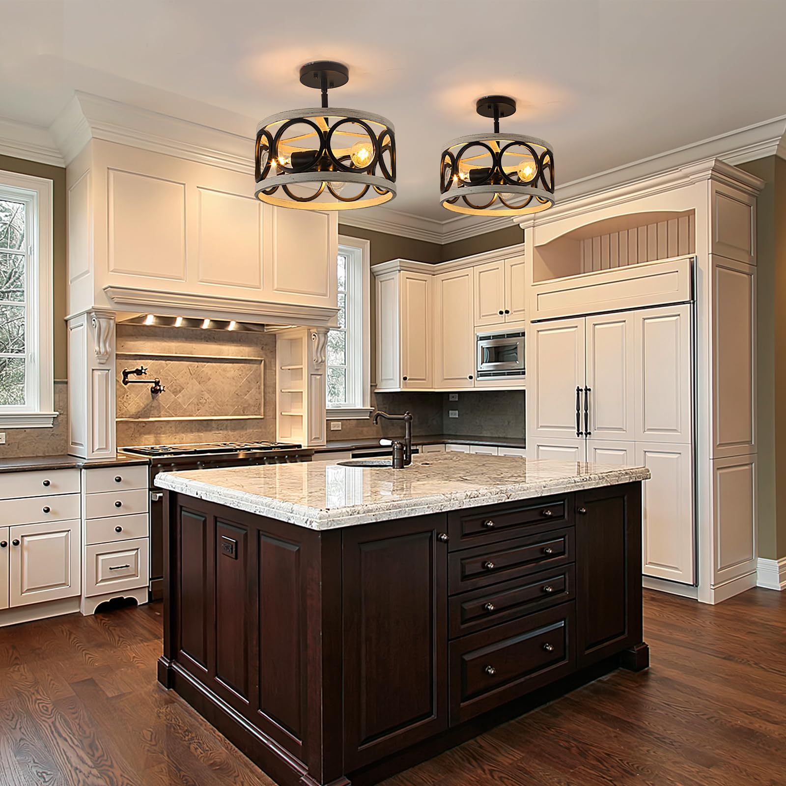 Qianzhan Farmhouse Semi Flush Mount Ceiling Light,3-Light Industry Oak White Sloped Ceiling Light Fixtures D13 Inches Rustic Met