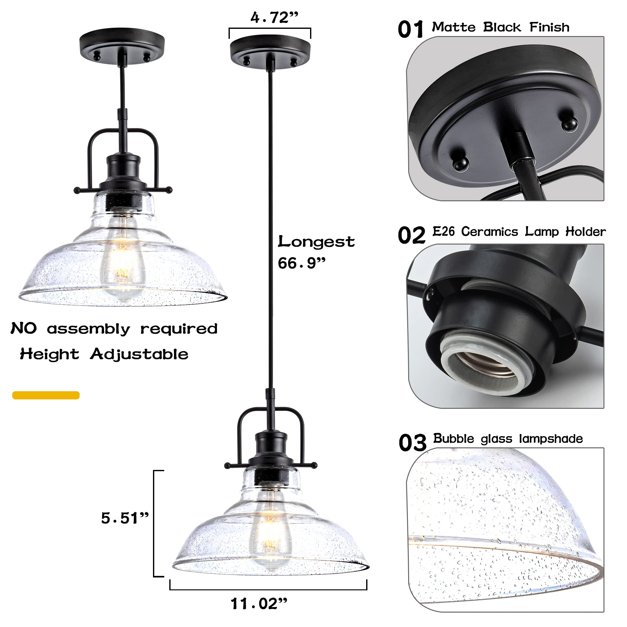 Zlepmlla Black Industrial Pendant Light, 1-Light with Clear Bubble Glass Shade, Adjustable Cord, Model 8726-1P for Kitchen & Dining Room
