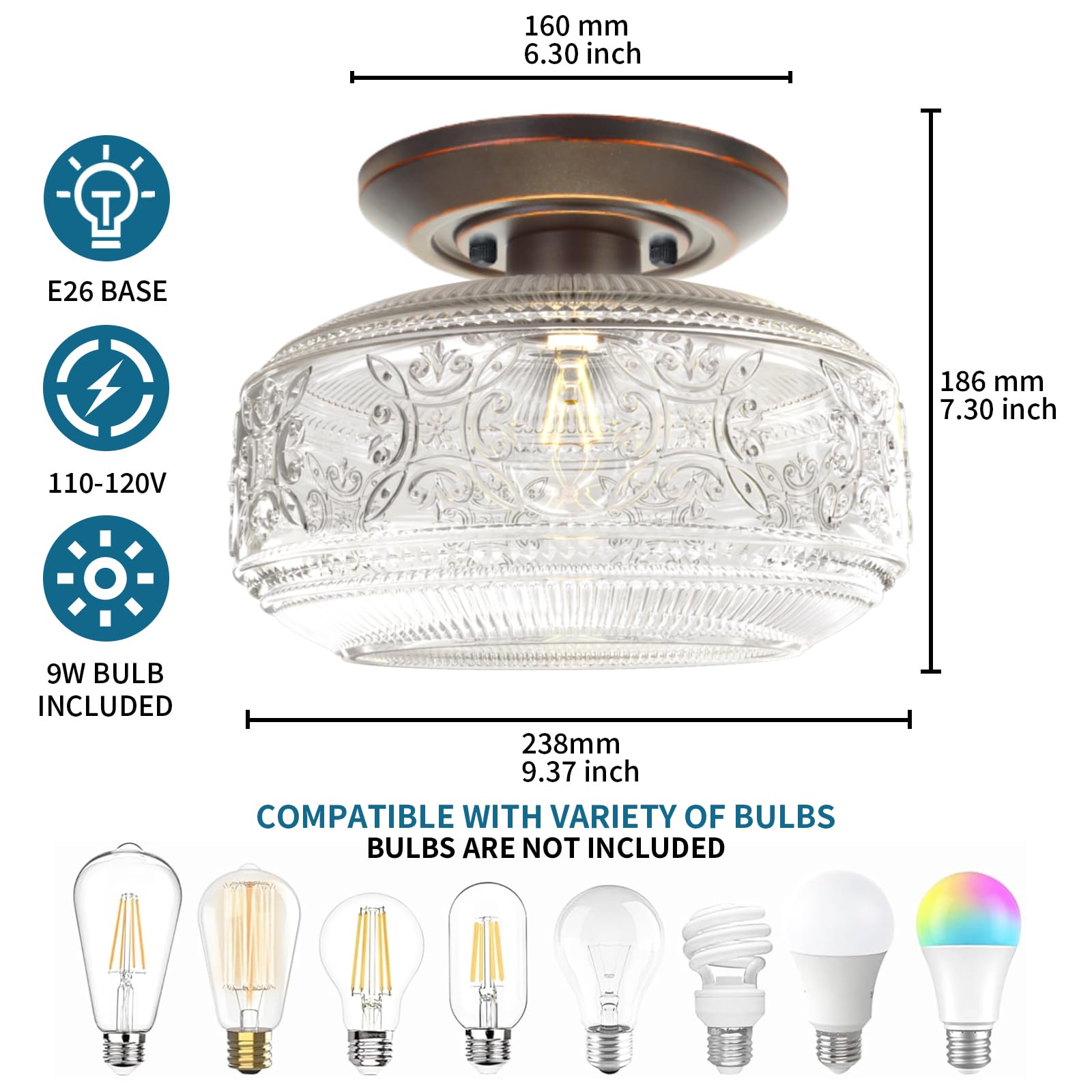 KnLnny Ware Flush Mount Ceiling Light, Oil Rubbed Bronze, Glass Shade, 9W Bulb Included, 9 Inch, for Hallway, Porch, Kitchen, Bedroom