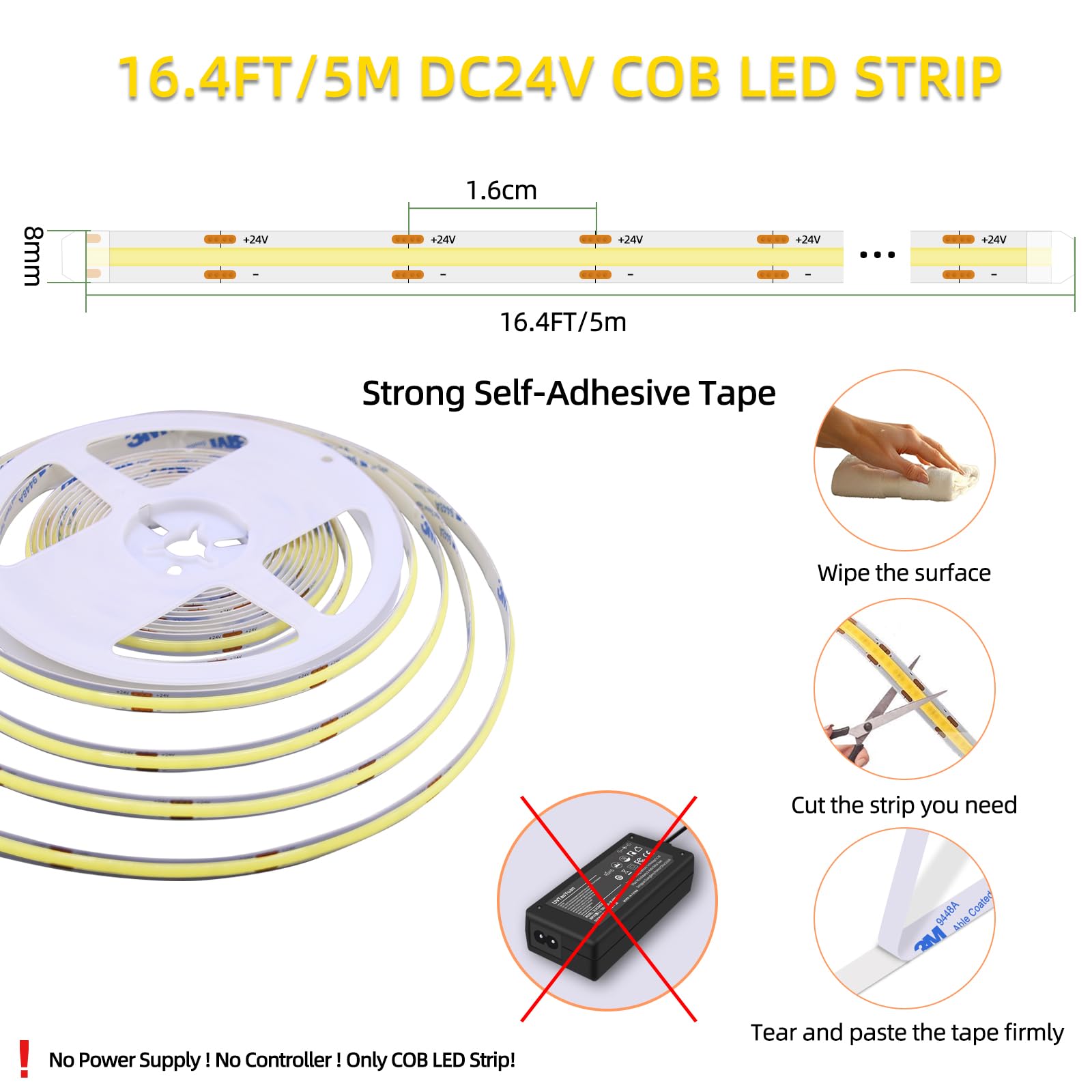 Led Strip Lights 24V Cob Led Warm 3000K Super Bright Led Strip 16.4Ft 5M Dotless High Density Cuttable Flexible For Home Diy Cob Led Commercial Lighting Projects (Power Supply & Dimmer Not Included)